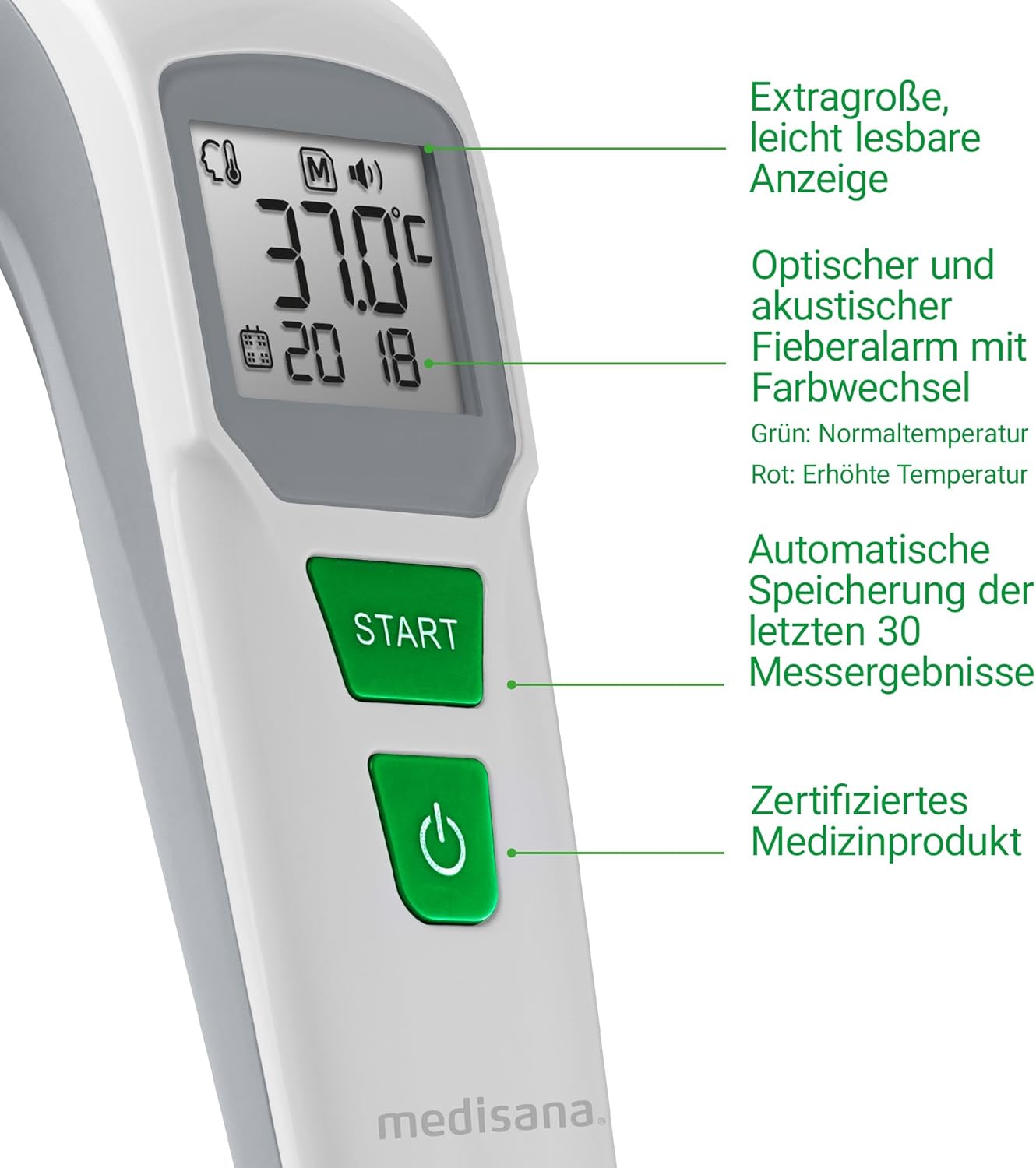 medisana TM 762 Digitales Stirnthermometer, Fieberthermometer für Babys, Kinder und Erwachsene mit visuellem Fieberalarm, Memory-Funktion und Messung von Flüssigkeiten – Bild 5