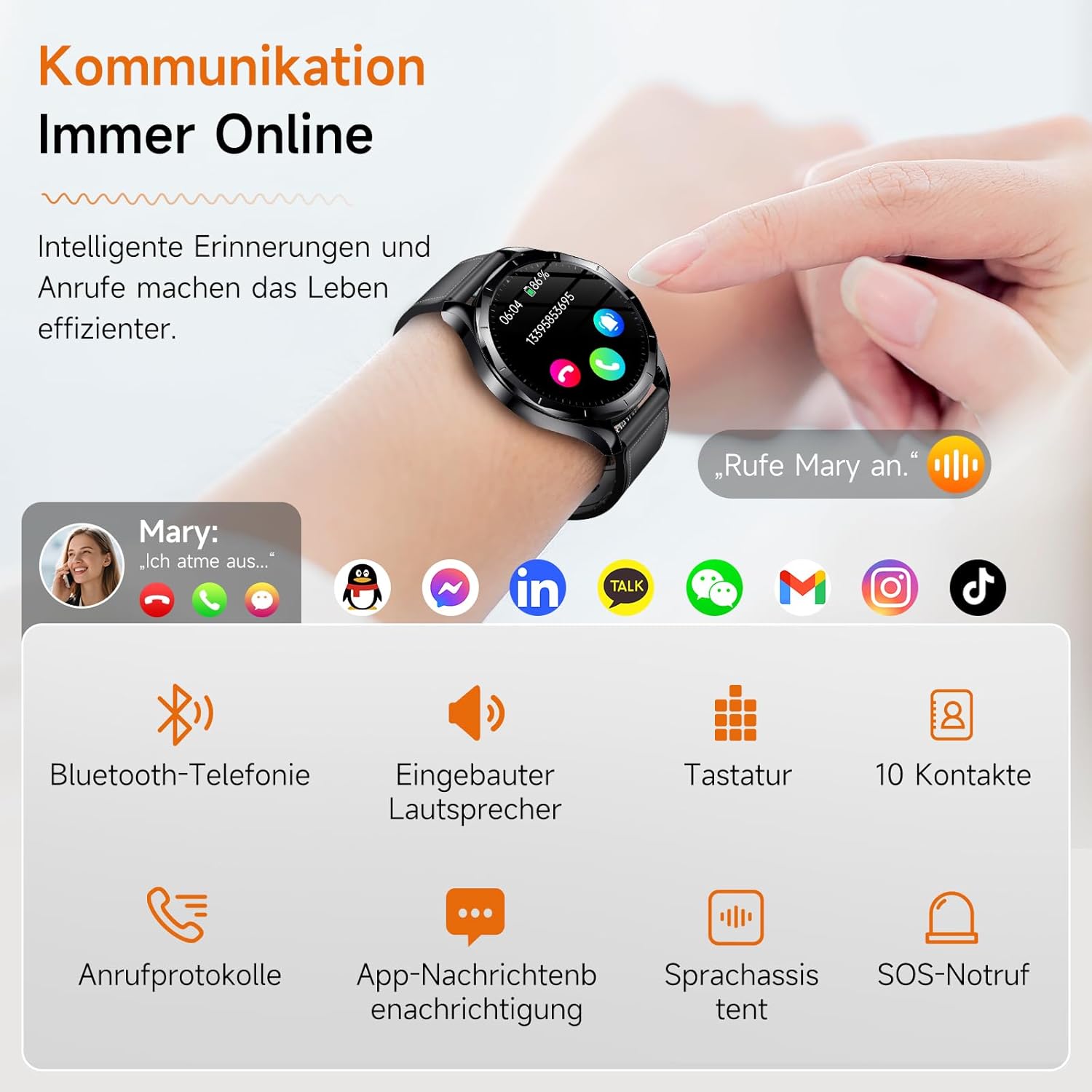 Herren-Smartwatch mit EKG + HRV/B-Druckmessung/Harnsäure/BMI, 1,43 Zoll AMOLED-Gesundheitsuhr mit SOS-Notruf, 24/7 Herzfrequenz-/Apnoe-/Schlafmonitor/SpO2, Android/iOS (schwarzes Leder) – Bild 5