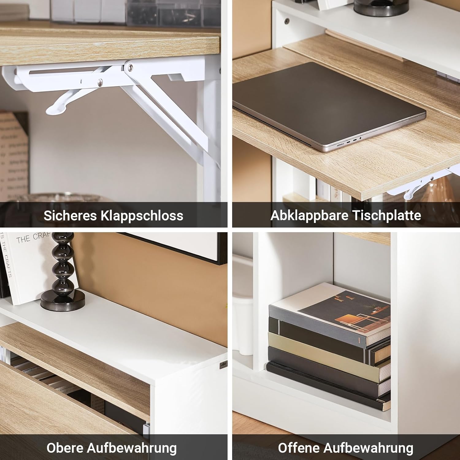 SoBuy FWT104-WN Schreibtisch mit klappbarer Arbeitsfläche, kompakter Computer- und Arbeitstisch, platzsparender Tisch für Heimbüro und Büro, Weiß und Natur, 70 x 57 x 85 cm – Bild 6