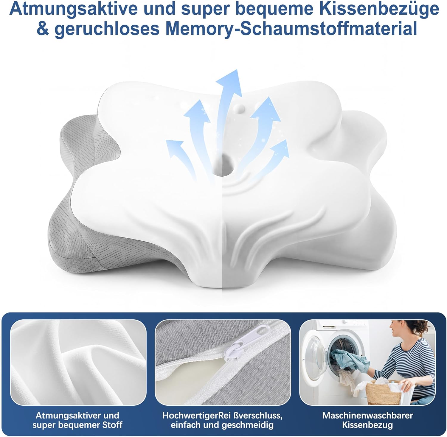 VYLEE Ergonomisches Memory-Schaum-Kissen zur Linderung von Nackenschmerzen, kühlende Unterstützung für Seiten und Rücken, Bettkissen mit atmungsaktivem Bezug, Nackenstütze (grau) – Bild 6
