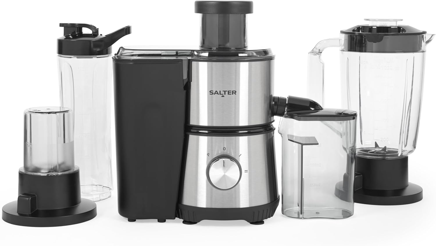 Salter 4-in-1-Entsafter & Mixer – Fruchtsaftpresse & Smoothie-Maker, 1L Mixbehälter, inkl. 600 ml Sportflasche, Kaffeemühle, 2 Geschwindigkeitsstufen & Pulse-Funktion