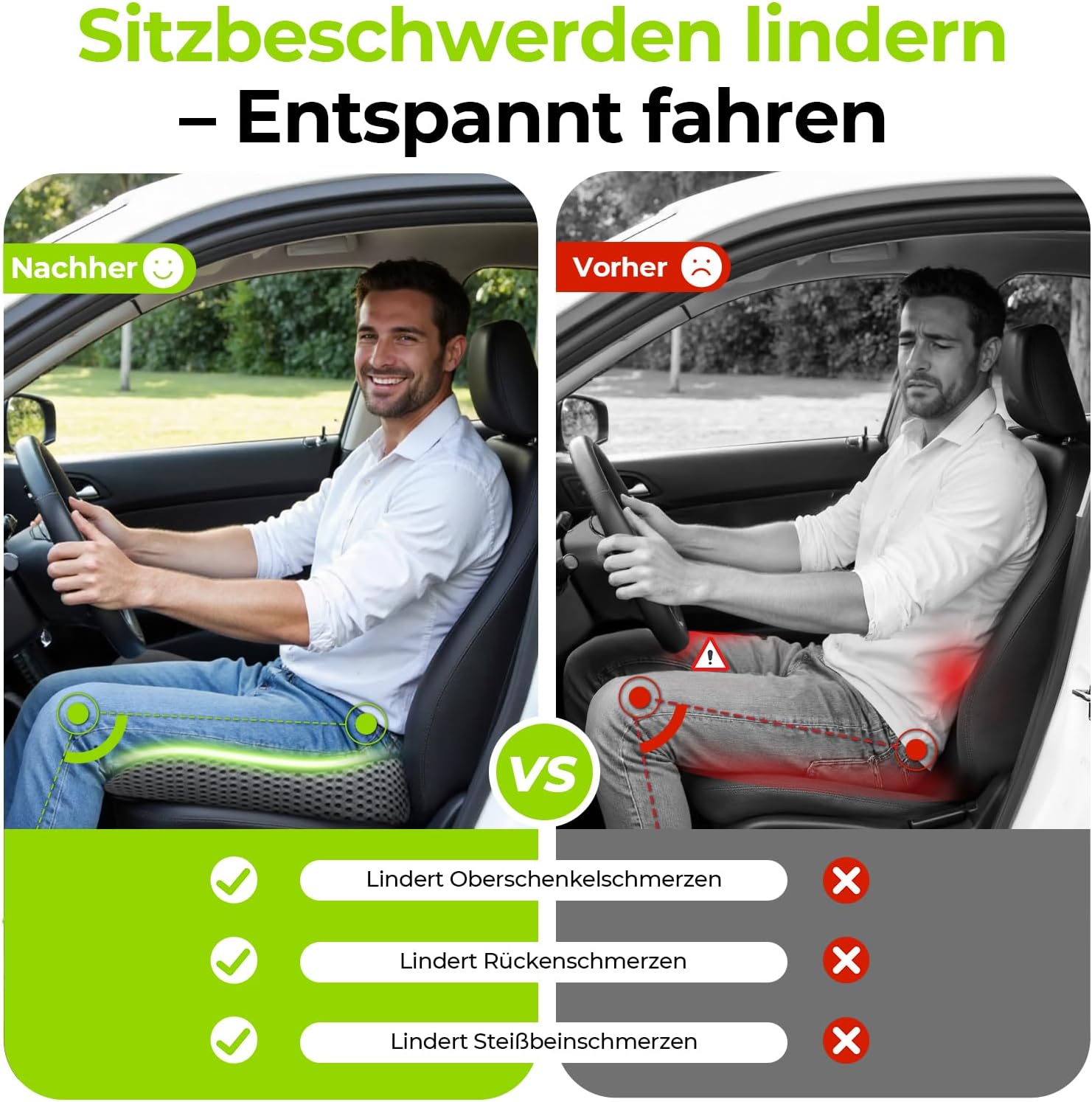 AUVON U-förmiges Auto-Keilkissen mit Sitzerhöhung und Haltungsunterstützung, Memory-Schaum-Sitzkissen zur Linderung von Steißbein-, Rücken- und Ischiasschmerzen, rutschfeste Unterseite – Bild 3