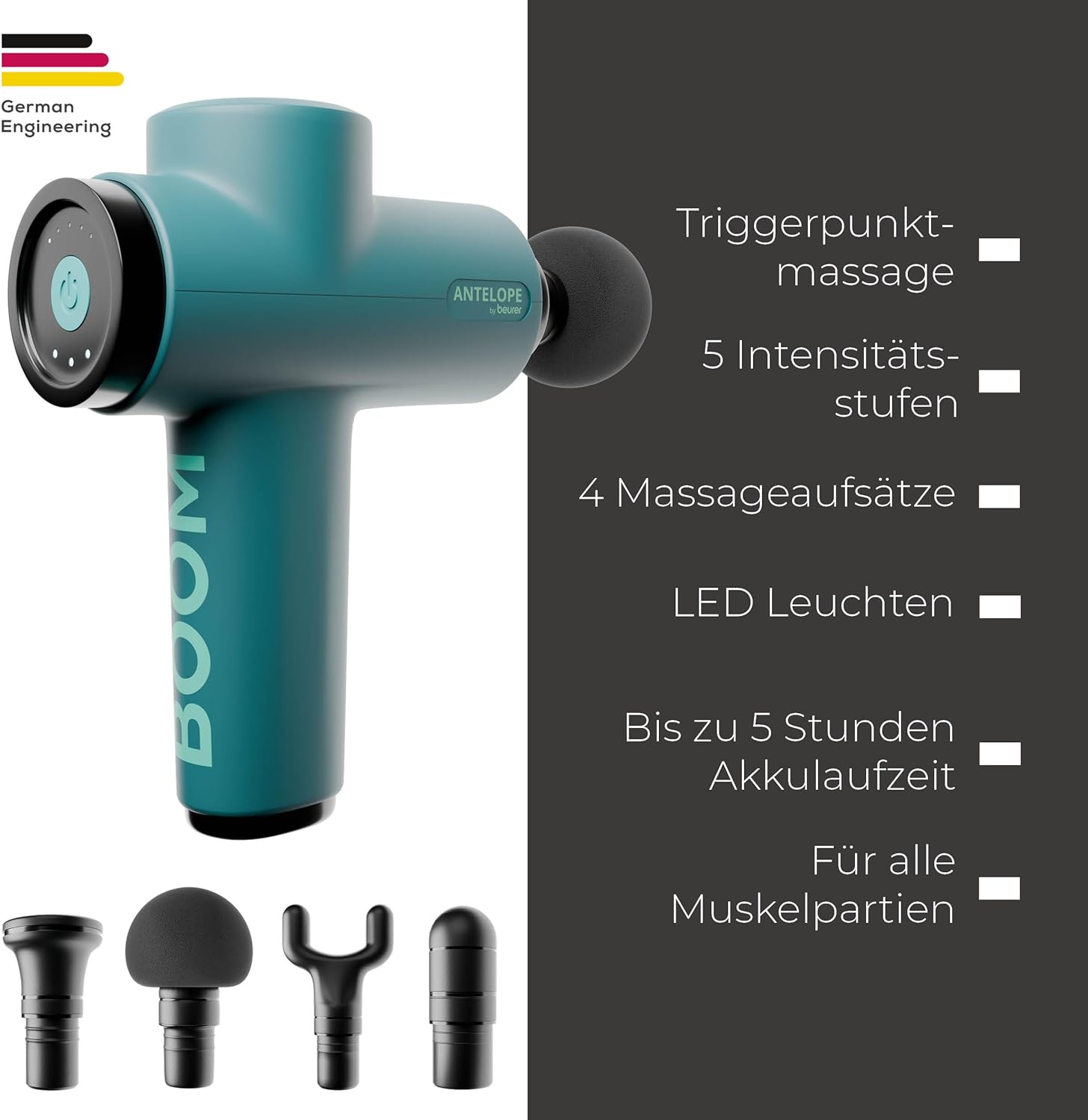 Beurer Antelope BOOM Massagepistole, kompakte Massagepistole mit 4 Aufsätzen, zur Entspannung und Regeneration, kraftvolle Triggerpunktmassage, Muskelmassagegerät mit 5 Intensitätsstufen & Akku – Bild 7