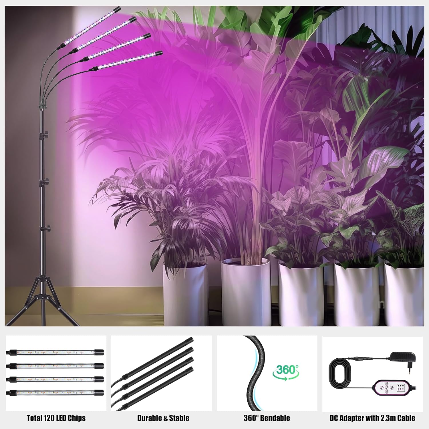 Railee Pflanzenlampe LED mit Ständer, 192 LEDs, Vollspektrum-Pflanzenlicht, LED-Wachstumslampe für Pflanzen mit Zeitschaltuhr, 4 Modi, 10 Lichtintensitäten – Bild 7