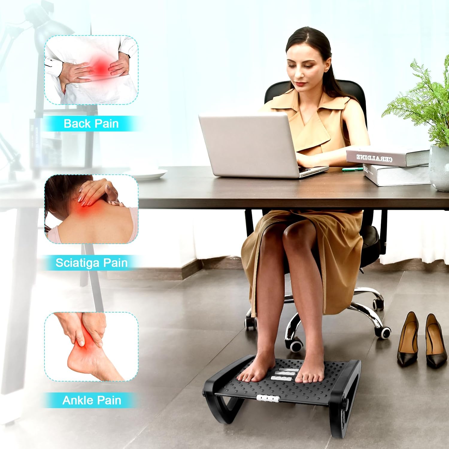 Verstellbarer Fußhocker für Schreibtisch, MXTIMWAN 6 höhenverstellbarer Fußhocker, ergonomische rutschfeste Fußstütze mit Massagefunktion zur Entlastung von Bein, Knie und Rücken für Büro und Zuhause – Bild 4