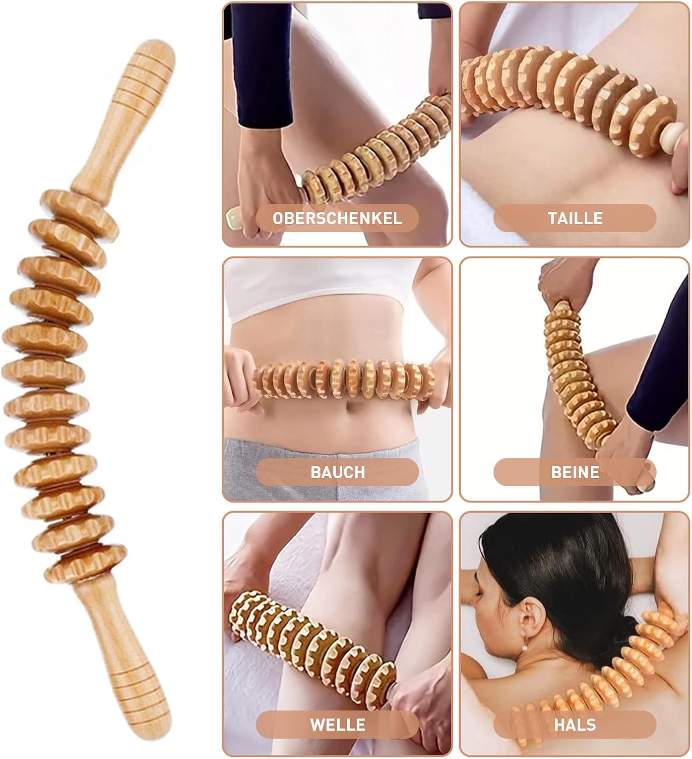 Faszienrolle Holz-Massagerolle mit Griff, Lymphdrainage Cellulite-Massagegerät, 4 Stück Maderotherapie-Holz für Rücken, Nacken, Beine & Lymphdrainage, Massagerolle zur Muskelentspannung – Bild 4