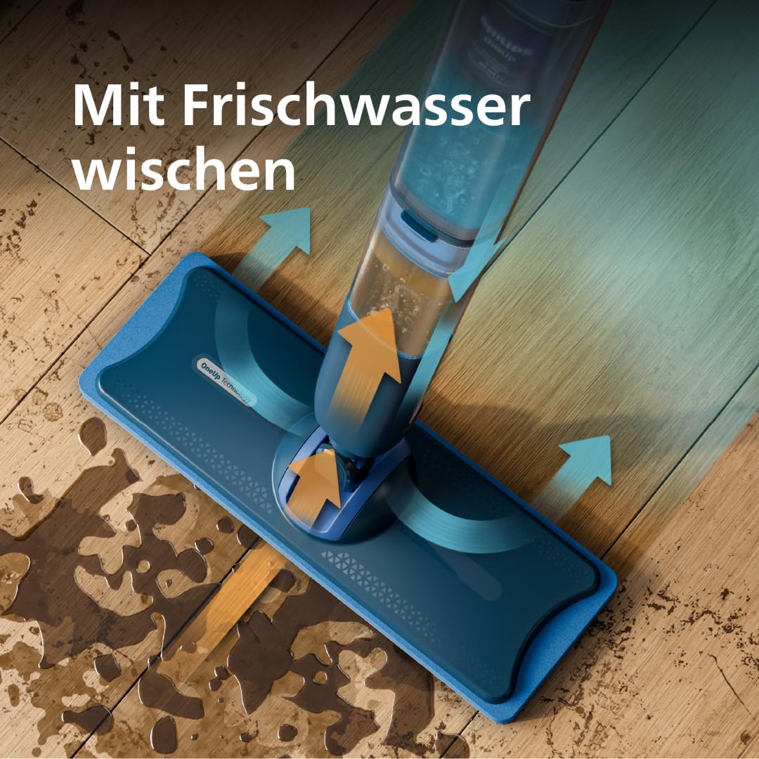 Elektrischer Wischmopp der Philips OneUp 5000-Serie – 2 x sauberere Böden², 2 x schnelleres Wischen, zwei Feuchtigkeitseinstellungen für harte und empfindliche Böden, kabellos mit 360°-Schwenkung (XV5113/01) – Bild 4