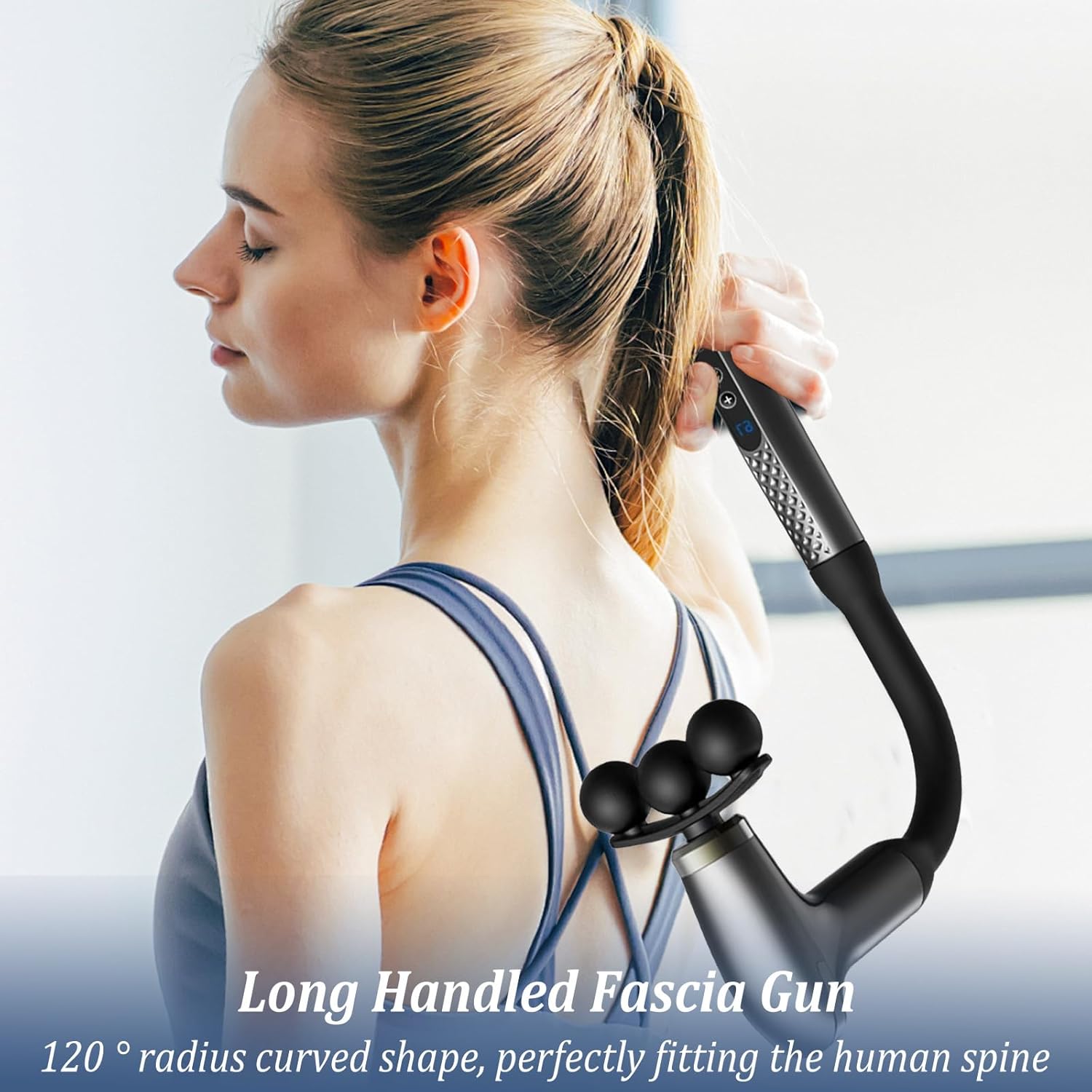 U-förmige Massagepistole, Pistole mit Verlängerungsgriff, tragbare Faszienpistole, Massagepistole mit LCD, 3 Massageköpfe, Muskel-Percussion-Massagegerät für Rücken, Schulter, Körper, Entspannung – Bild 2