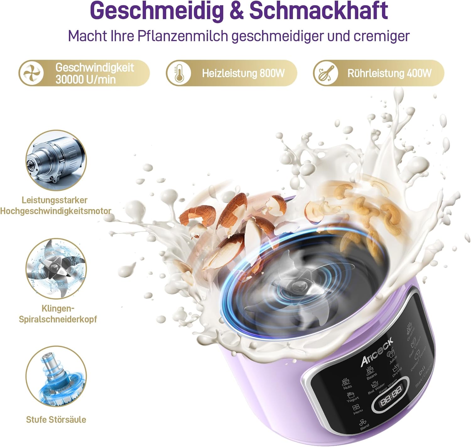 N4 Professioneller Nussmilchbereiter mit Selbstreinigungsfunktion – Ideal für Mandelmilch, Sojamilch und Smoothies – 800-W-Hochleistungsmotor – Rezeptbuch im Lieferumfang enthalten – BPA-freie Pflanzenmilch – Bild 4