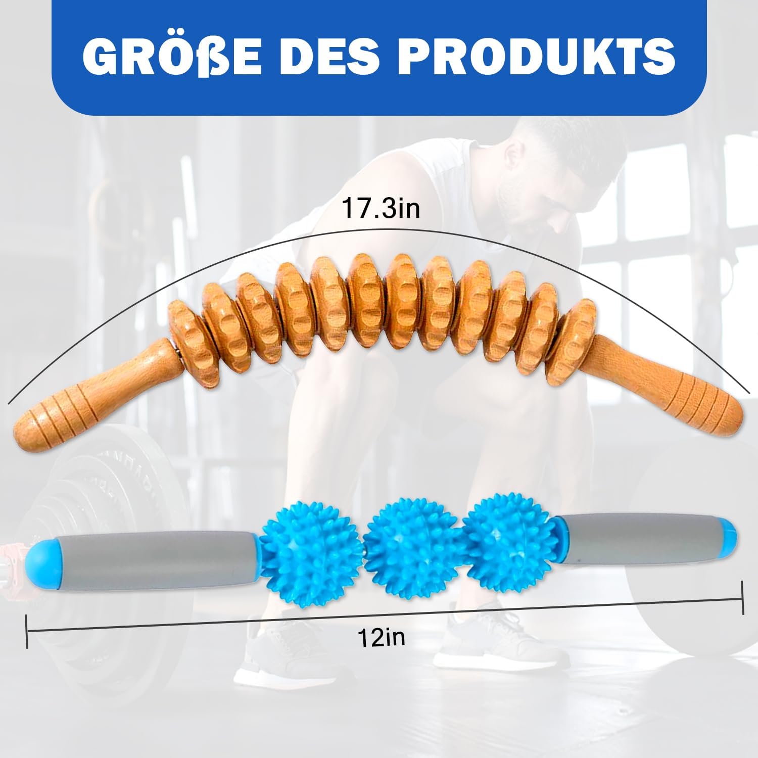 Massageroller Stick & Faszienrolle Holz, Massagestab zur Faszienmassage und Muskelentspannung, Massagegerät für Rücken, Nacken, Beine und Muskelregeneration (A) – Bild 2