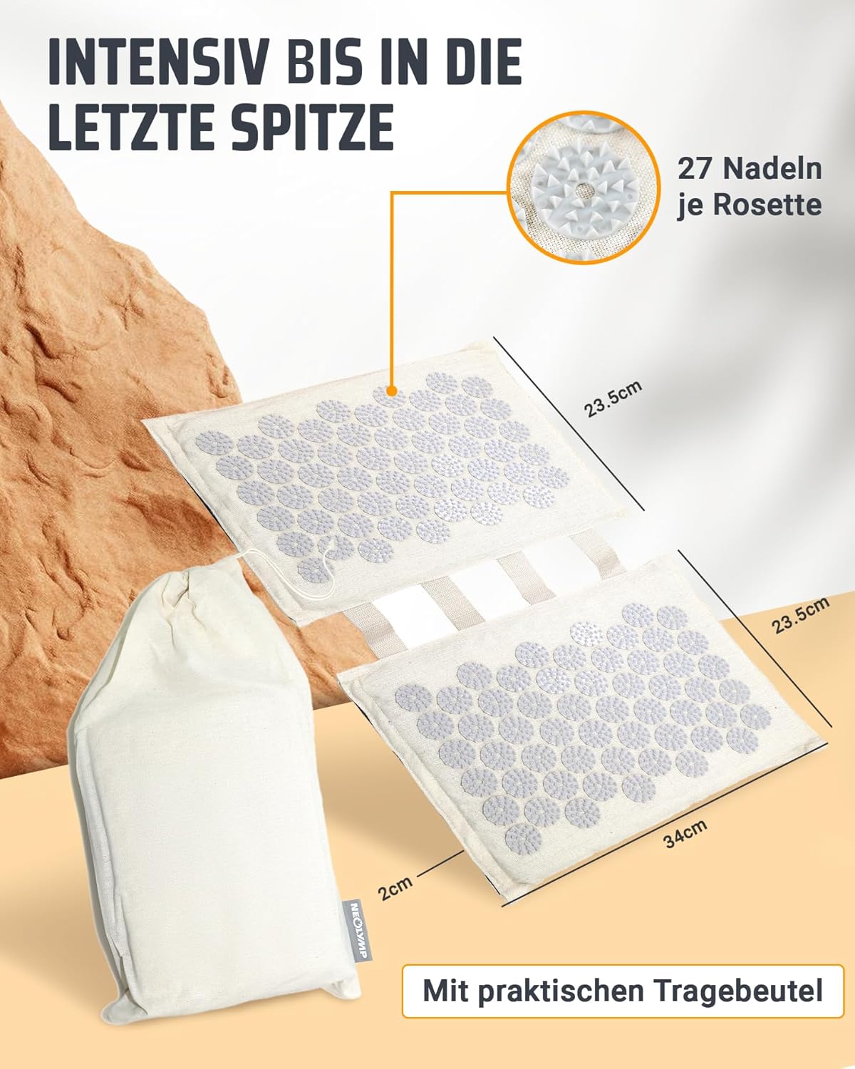 NEOLYMP Akupressur-Fußmatte – vielseitige Stimulation – waschbar, umweltfreundlich mit Tragetasche – Akupunktur-Fußmassagematte mit ABS-Spitzen – Nagelmatte (Akupressur-Fußmatte Beige) – Bild 2