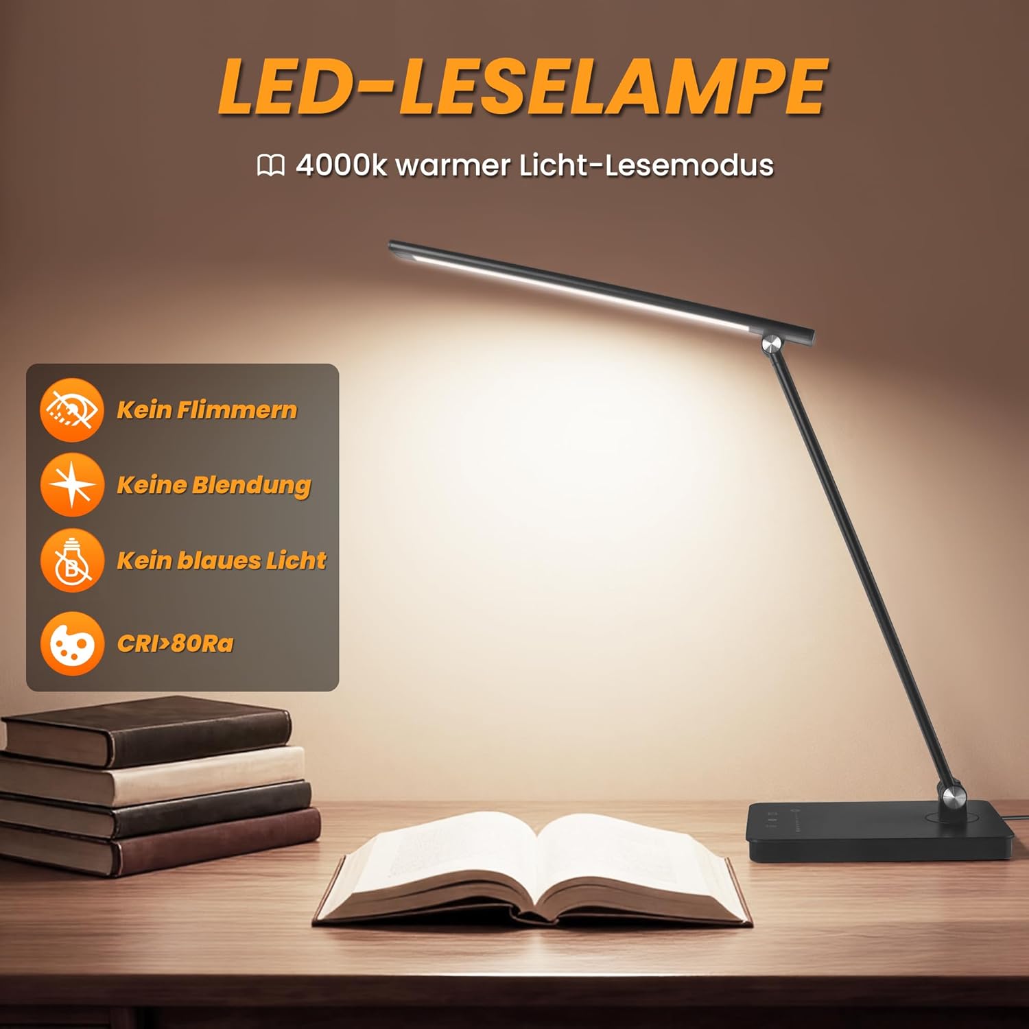 Akynite 42 LED-Schreibtischlampe, dimmbarer USB-Anschluss, 2A-Adapter im Lieferumfang enthalten, 5 Farben, 10 Helligkeiten, Leselampe, Schreibtisch, faltbare Lampe Touch mit Timer, Leselampe für Kinder, Schwarz – Bild 7
