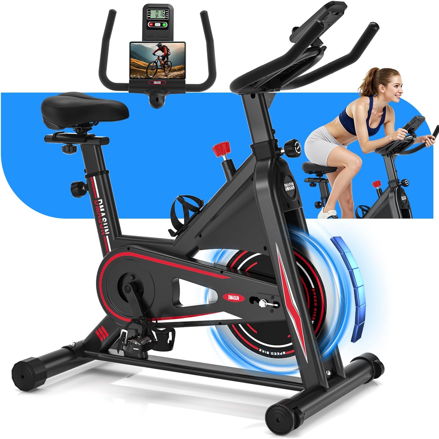 DMASUN Leises Ergometer-Heimtrainer-Fahrrad mit 0-100 % Widerstand, Display & Tablet-Halterung, Cardio-Training-Indoor-Cycling-Fahrrad mit bequemem Sitz, bis zu 160 kg