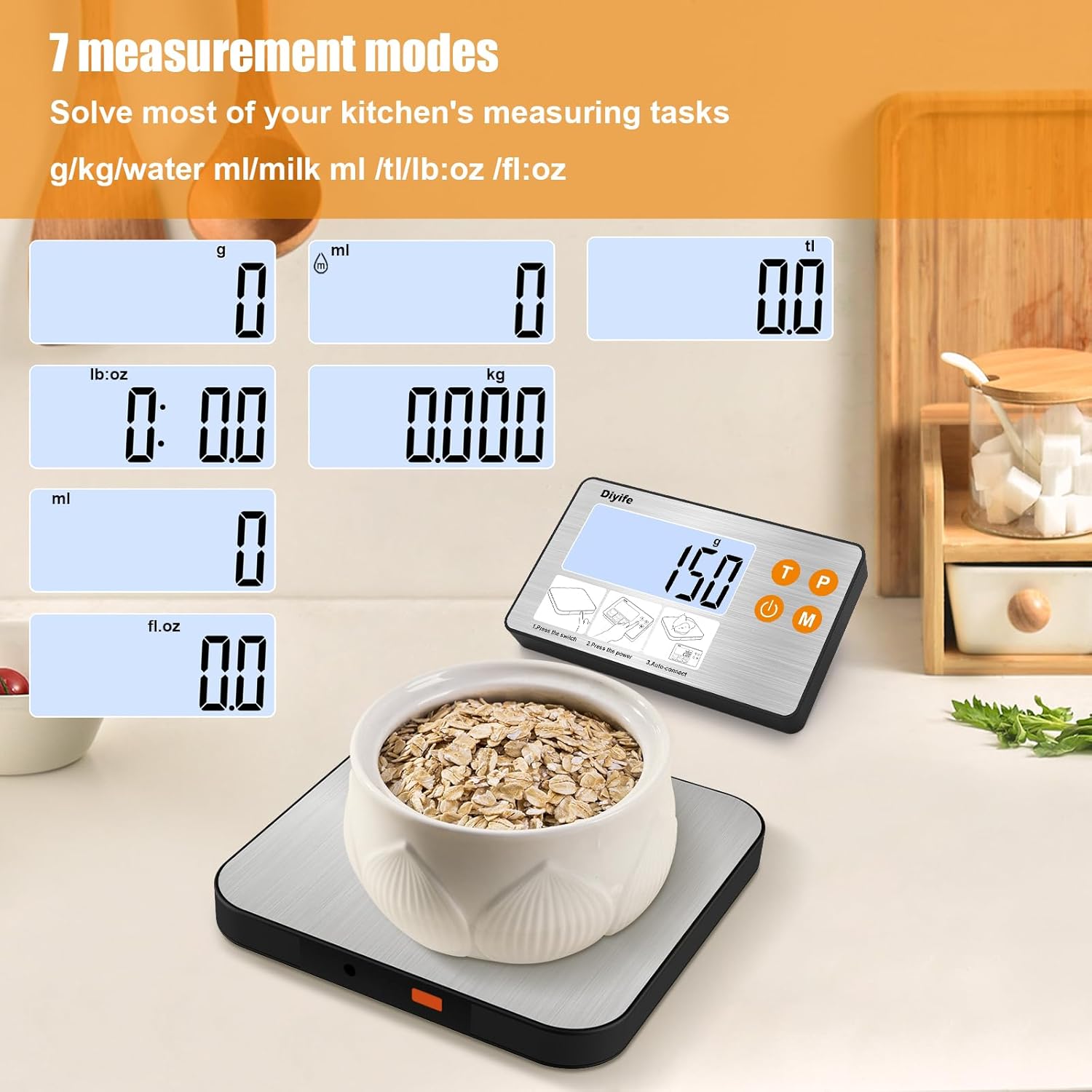 Diyife Geteilte Küchenwaage aus Edelstahl, 15 kg, Lebensmittelwaage, digitale Waage mit hintergrundbeleuchtetem LCD-Display, Flüssigkeitsmessung, Zählfunktion, Batterien im Lieferumfang enthalten – Bild 4