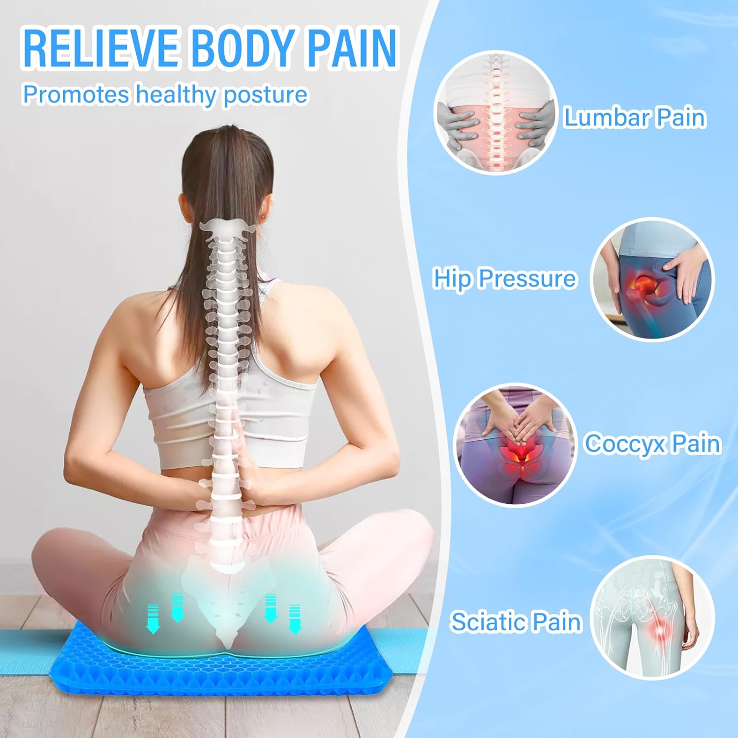 Gel-Sitzkissen, großes Gel-Sitzkissen, Gel-Kissen, orthopädisches, doppelt dickes Gel-Kissen mit rutschfester Linderung von Ischias- und Steißbeinschmerzen, Gel-Sitzkissen, orthopädisch für Auto, Bürostuhl – Bild 2