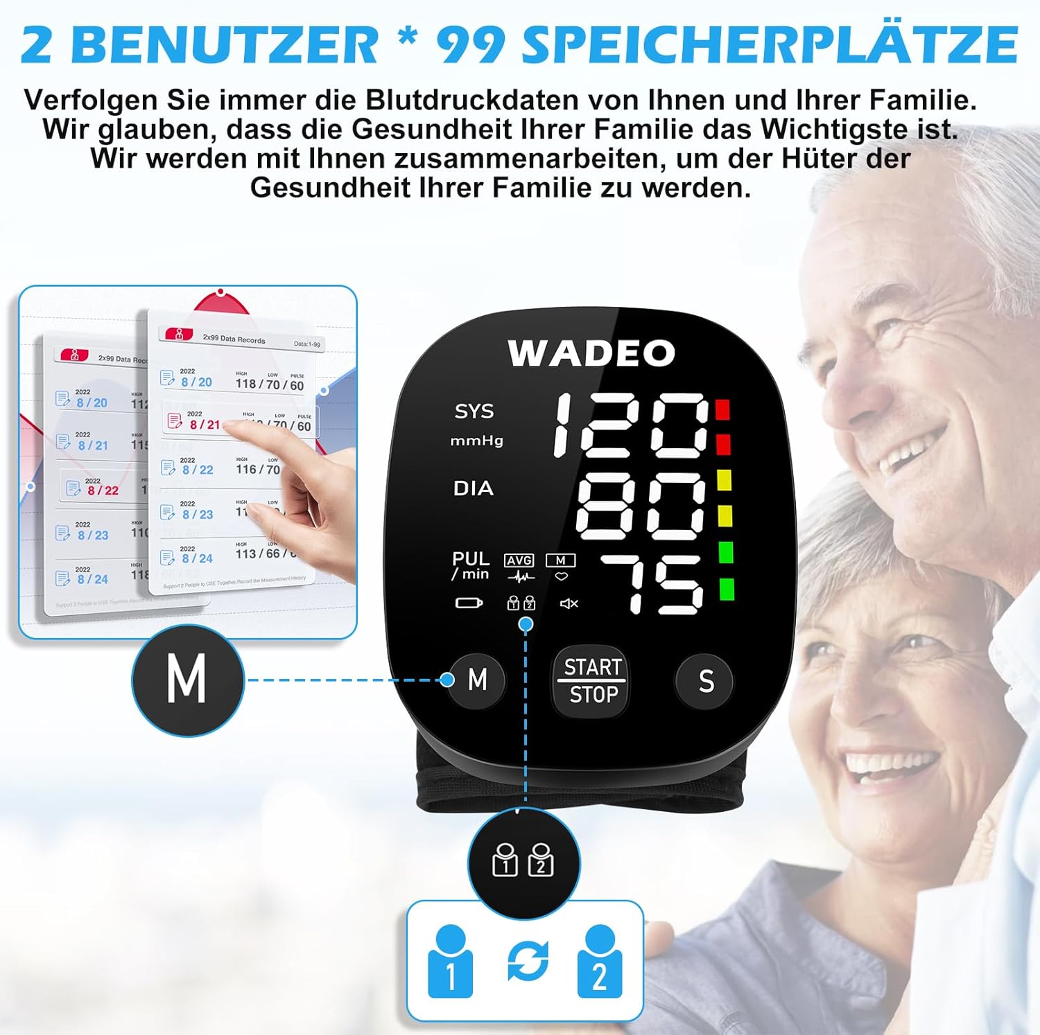 WADEO Digitales Handgelenk-Blutdruckmessgerät mit LCD-Display, Sprachansagefunktion, präzise Messung, 2 x 99 Speicher, tragbares Blutdruckmessgerät mit Arrhythmie-Erkennung für zu Hause oder auf Reisen – Bild 3