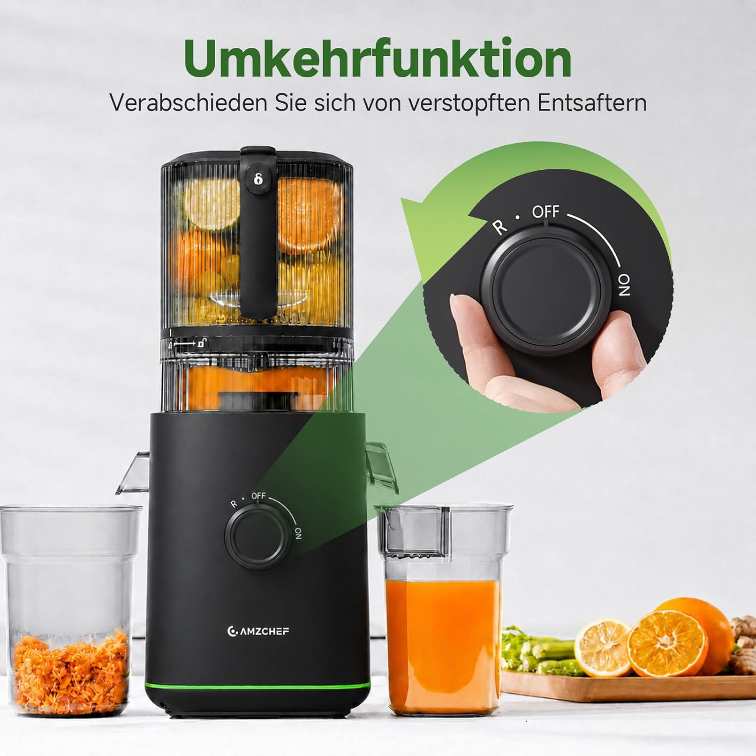 AMZCHEF Slow Juicer Kaltpress-Entsafter für Obst & Gemüse, 160 mm XXL-Einfüllöffnung für ganze Früchte, 2,5 l Behälter, 2 Filter für Saft und Sorbet, leise und leicht zu reinigen, schwarz – Bild 8