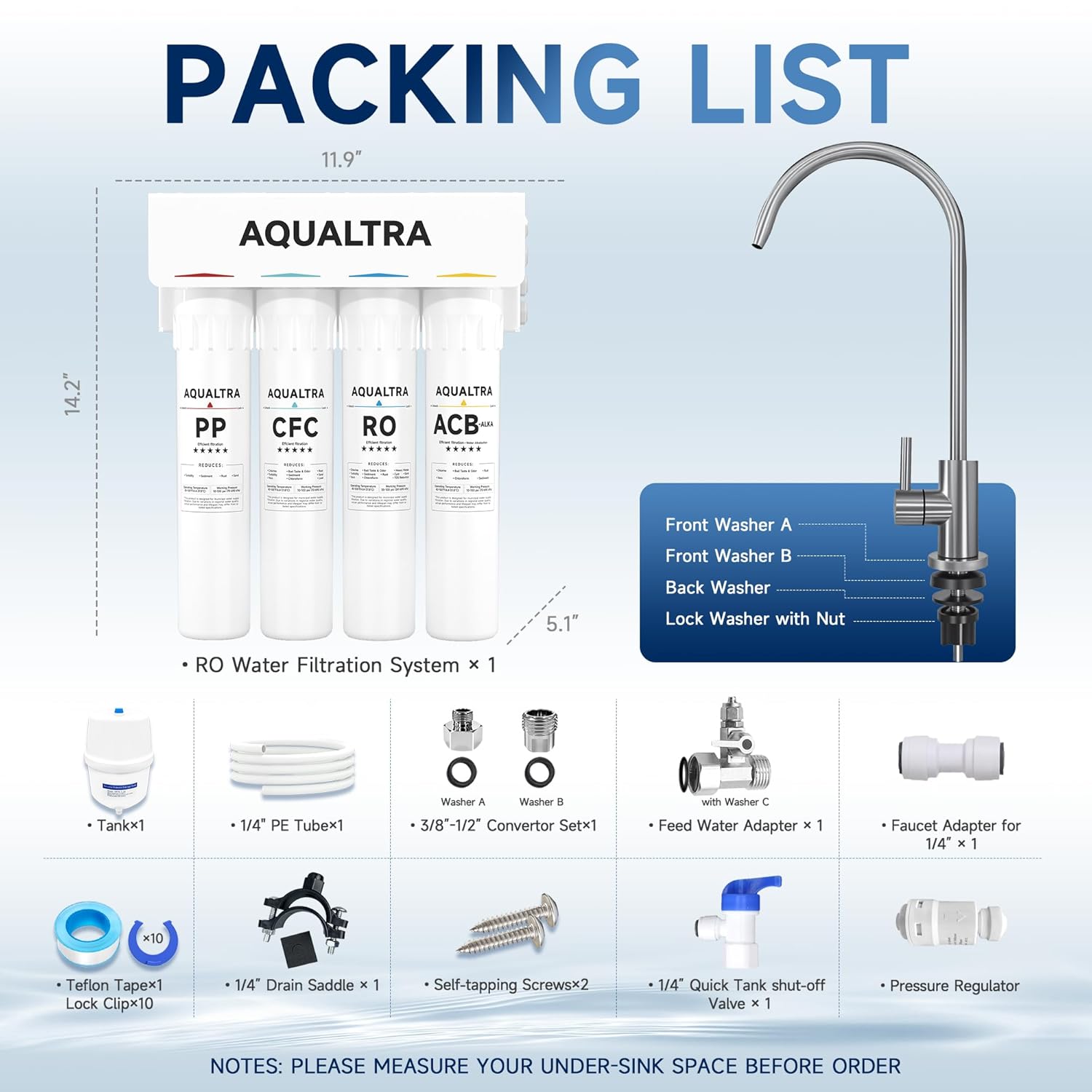 AQUALTRA USF-4RF-100 Untertisch Osmoseanlage Umkehrosmoseanlage Trinkwasser, Mehrstufiges Umkehrosmose Trinkwasser Filtersystem, 100GPD mit Alkalien & Mineralien Filter, 3:1 Abwasser mit Wasserhahn – Bild 8