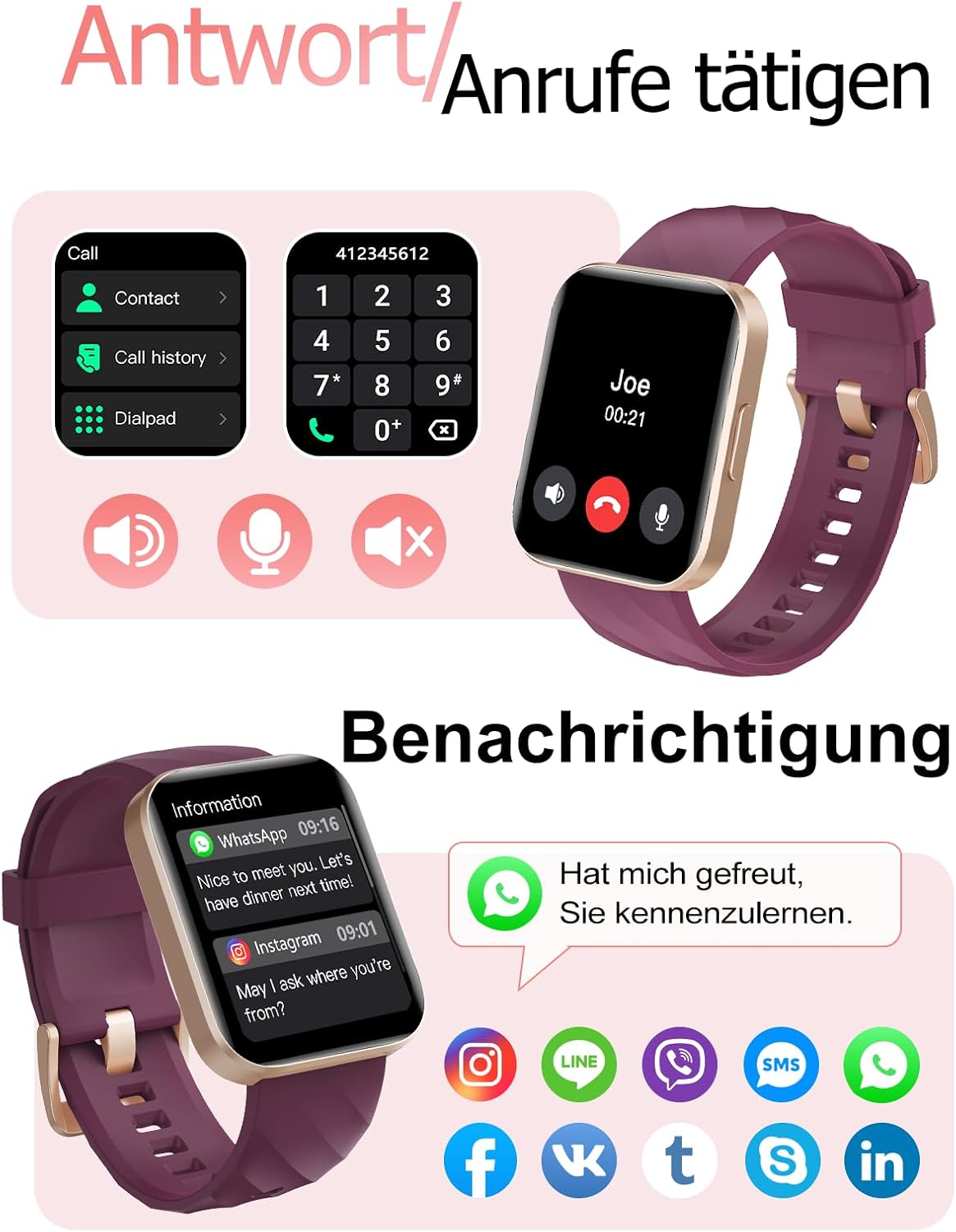 HUAKUA Smartwatch mit Telefonfunktion für Damen und Herren, über 100 Sportmodi, Fitnessuhr mit Herzfrequenzmesser, SpO2-Messung, Schlafüberwachung, Nachrichten für Android iOS – Bild 2