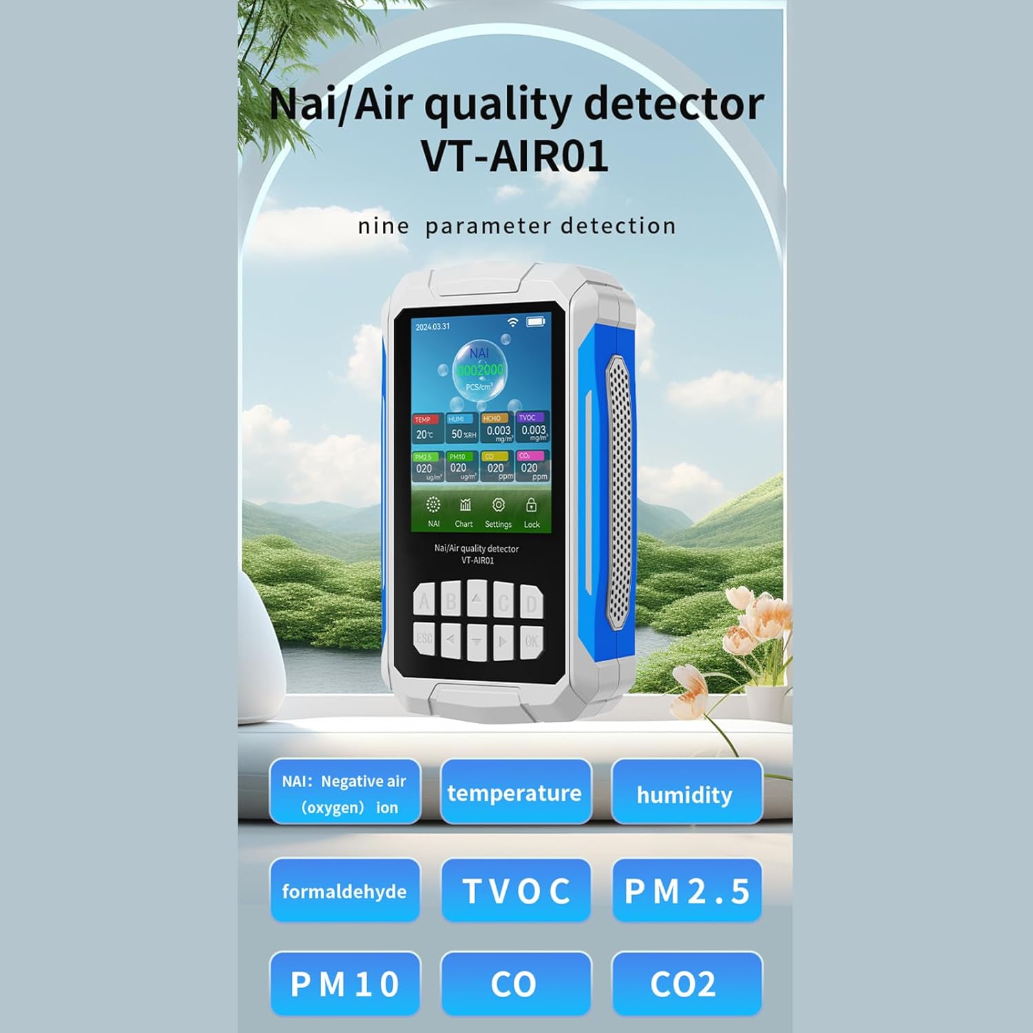 FTVOGUE Luftqualitätsmonitor Tragbarer Lufttester Negative Ionenkonzentration Temperatur Luftfeuchtigkeit VOC PM2,5 PM10 CO CO2-Erkennung für Zuhause, Auto, Büro VT-AIR01 Schwarz – Bild 4