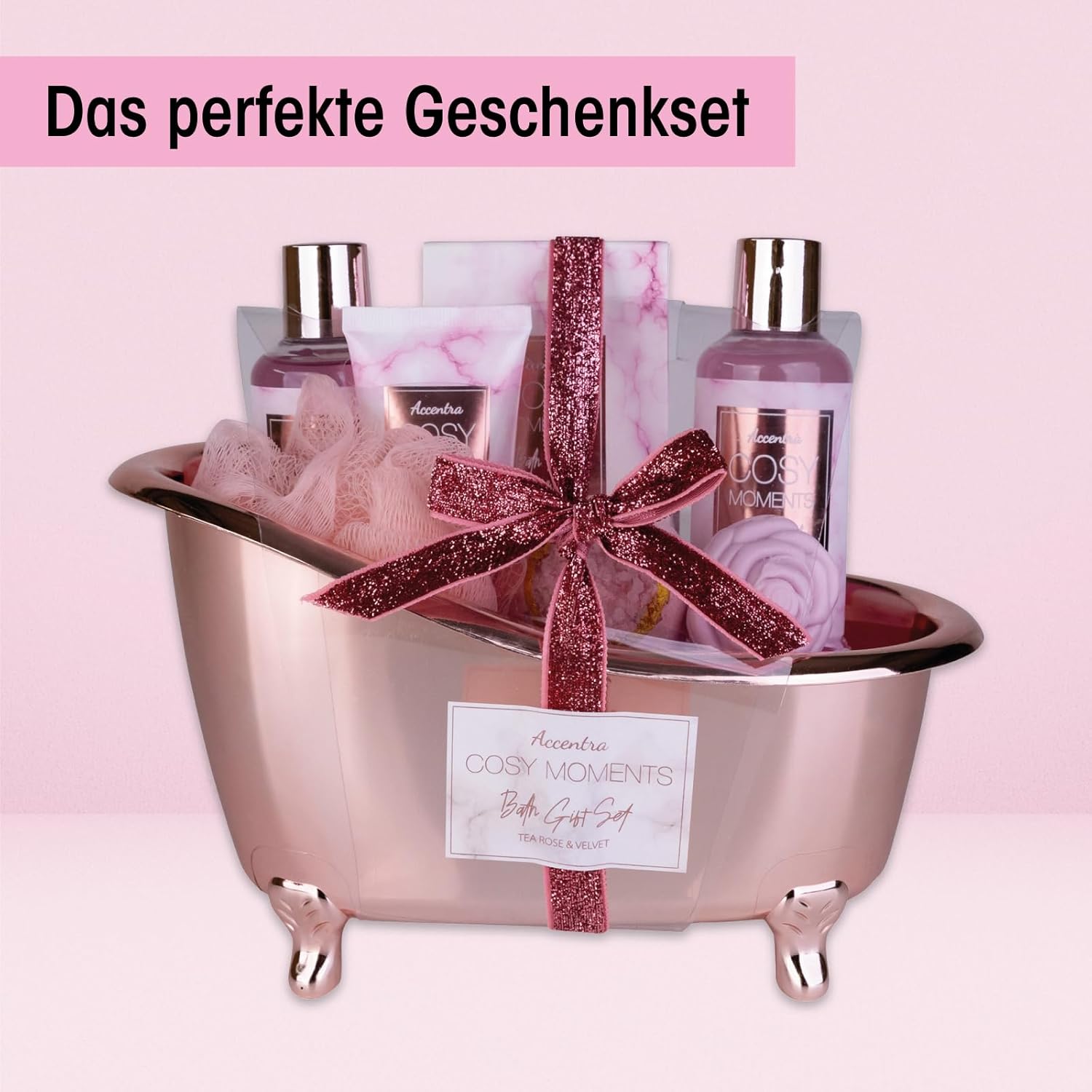 Accentra Cozy Moments Badeset, Geschenkset für Frauen mit 150 ml Duschgel, 150 ml Schaumbad, 150 g Badesalz, 90 g Badebombe, 60 ml Handcreme, 30 g Seife und 15 g Netzschwamm in glänzender Badewanne – Bild 3