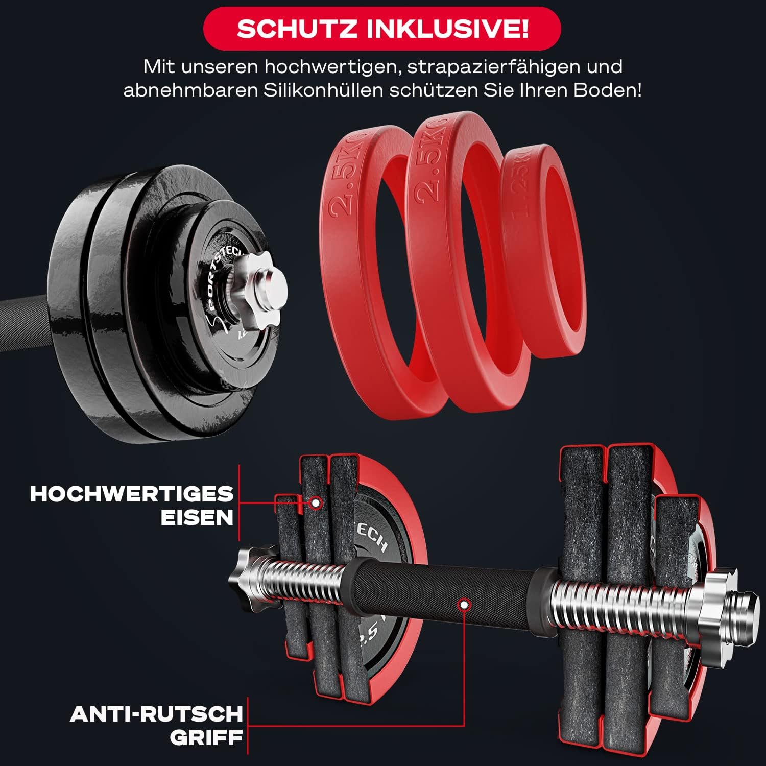 Sportstech 2-in-1 Hantelset mit Silikonhülle, deutsche Qualitätsmarke, Hanteln und Langhantel in einem, Hanteln mit 20 kg / 30 kg aus Gusseisen, effektives Fitness-Krafttraining, AH300, – Bild 3