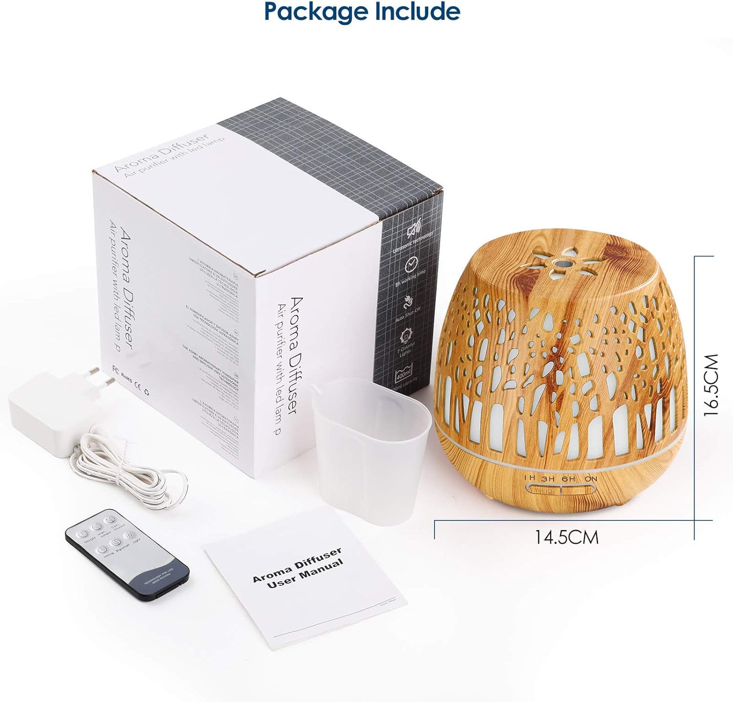 Simpeak Aromadiffusor 400 ml, LED-Ultraschall-Duftdiffusor mit Fernbedienung, Aromatherapie-Diffusor für ätherische Öle, tragbar, kompatibel für Zuhause, Yoga, Büro, Spa, Schlafzimmer, geschnitzter Wald – Bild 7