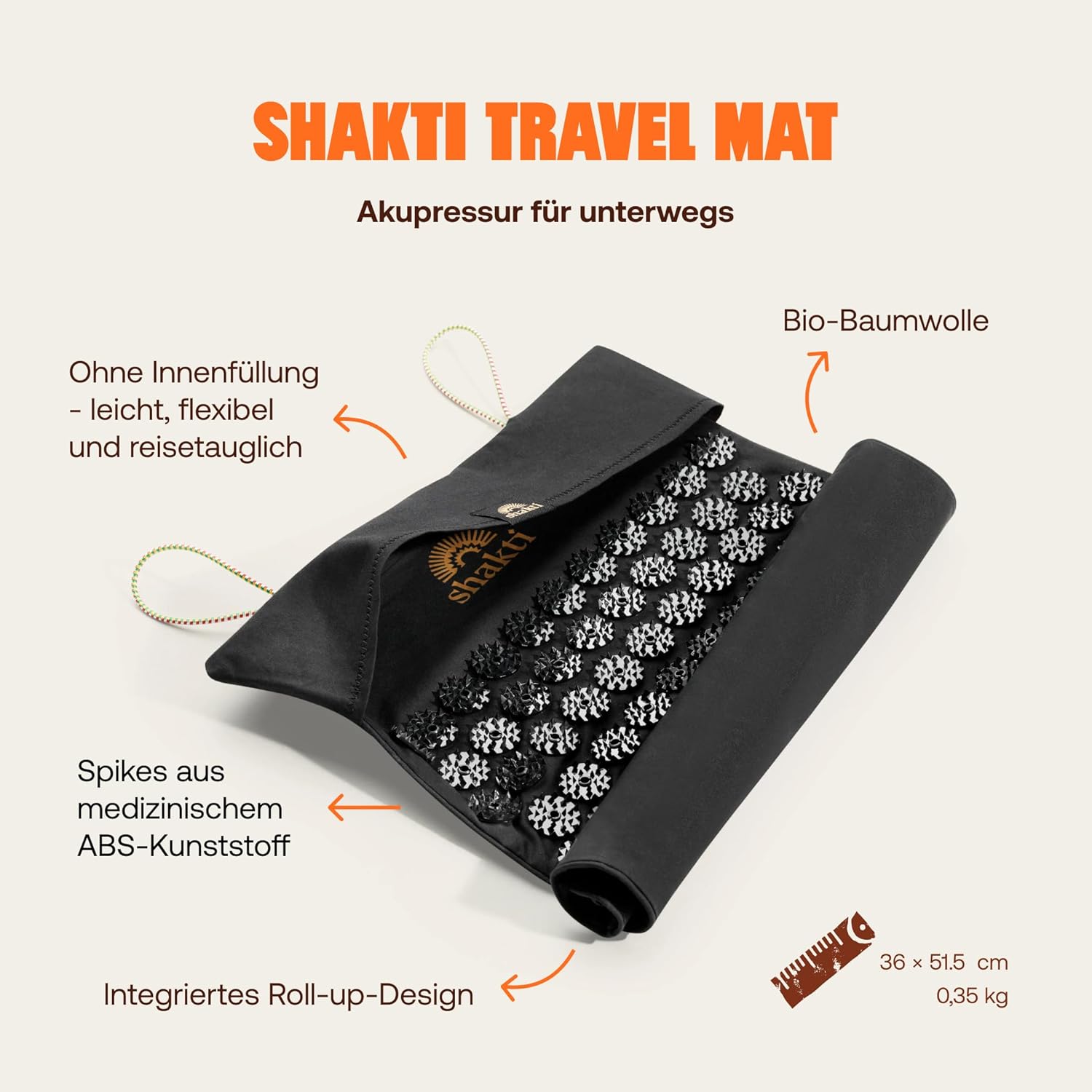 ShaktiMat (Das Original seit 2007) Reisematte – Kompakte Akupressurmatte ohne Innenfüllung zur Entspannung für Rücken, Nacken, Füße, Ethische Handarbeit, GOTS-zertifizierte Bio-Baumwolle – Onyxschwarz – Bild 3