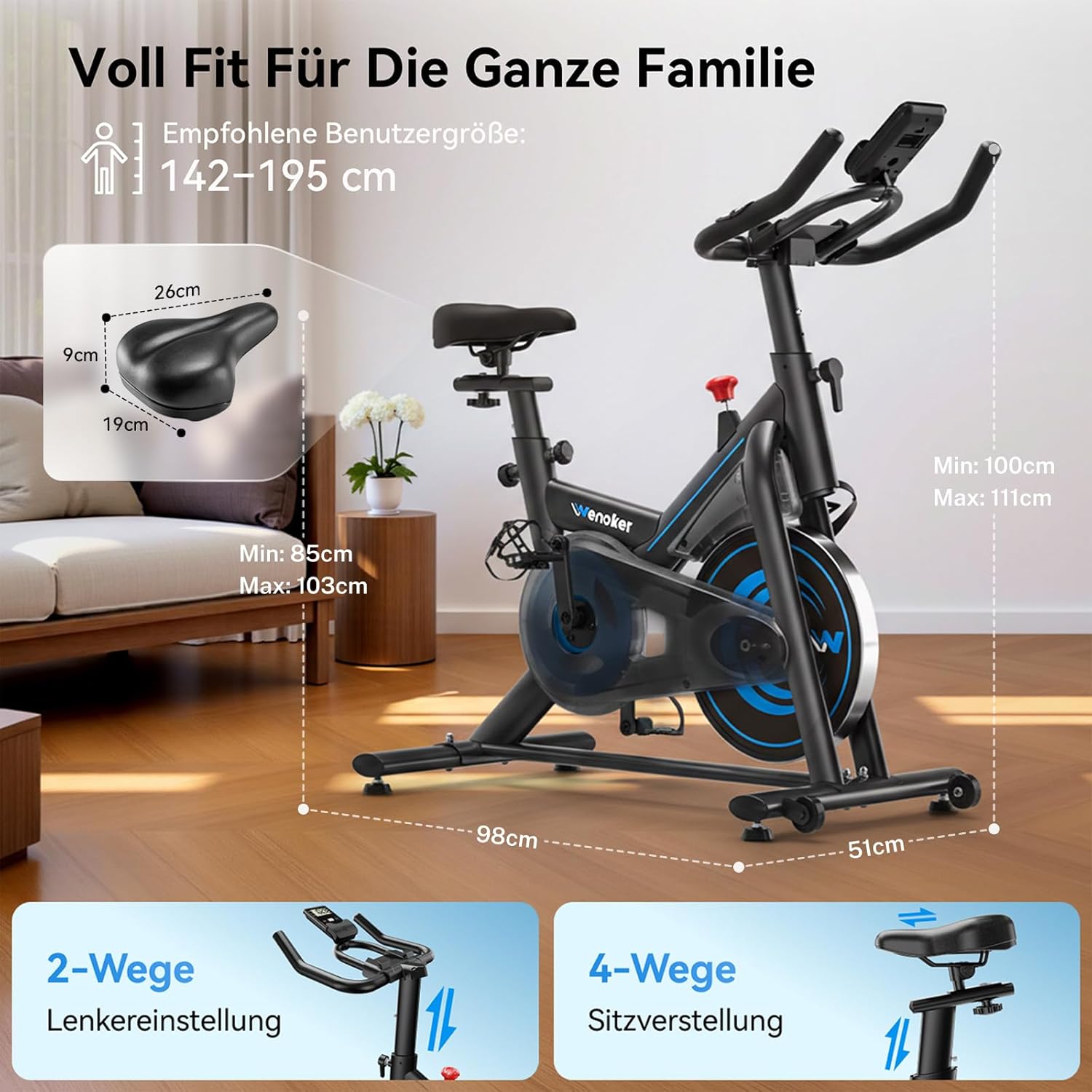 Wenoker Heimtrainer Fahrrad mit App,Leises Ergometer Hometrainer Fahrrad mit Magnetwiderstand,Spinning Bike Indoor Fitnessbikes für Kardio-Training zu Hause,Bis 160KG – Bild 7