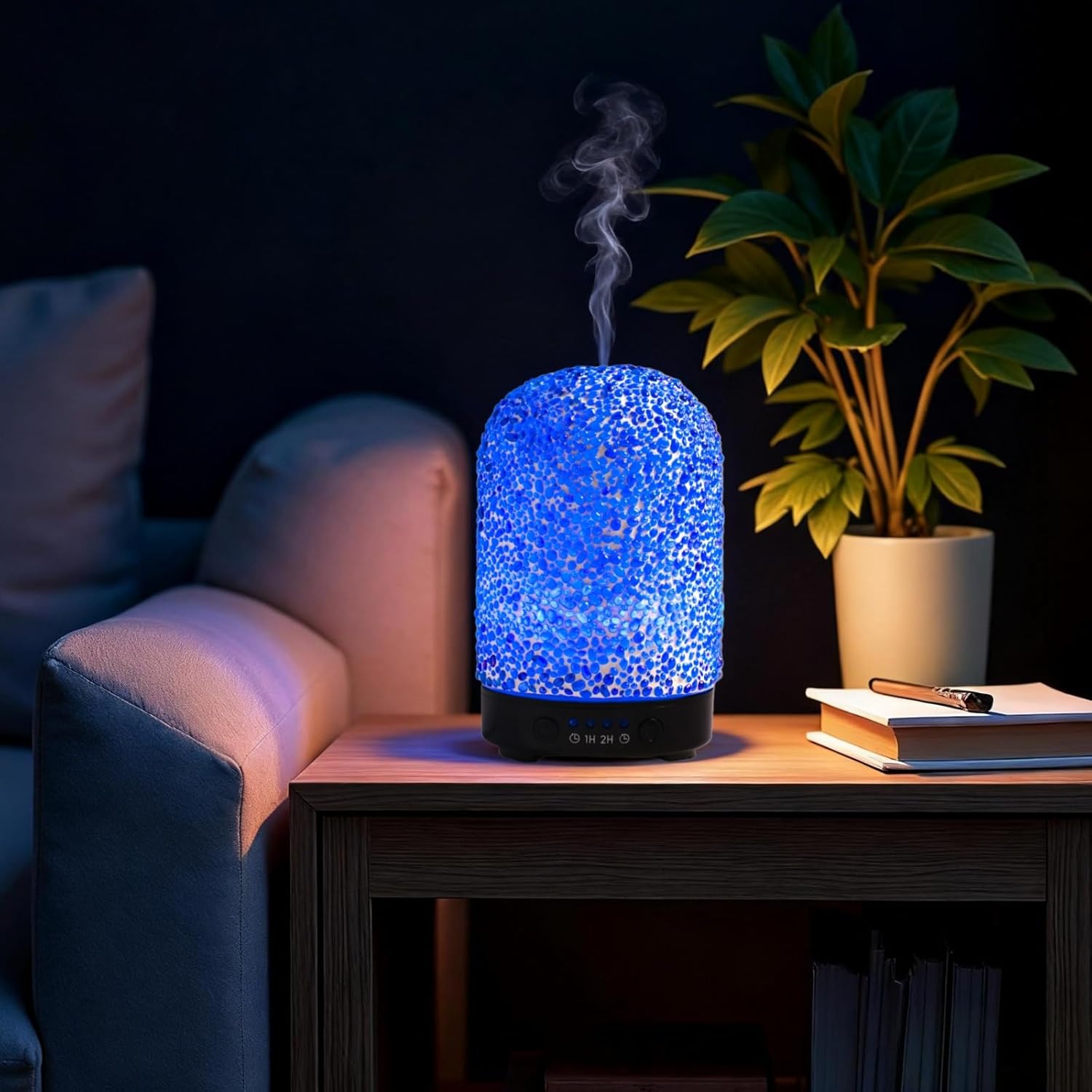VOREEN Aromadiffusor mit manuell aufgeklebtem Mosaikglas, Ultraschall-Duftvernebler für ätherische Öle mit LED-Licht & Timer, Raumduftdiffusor für Schlafzimmer, Büro