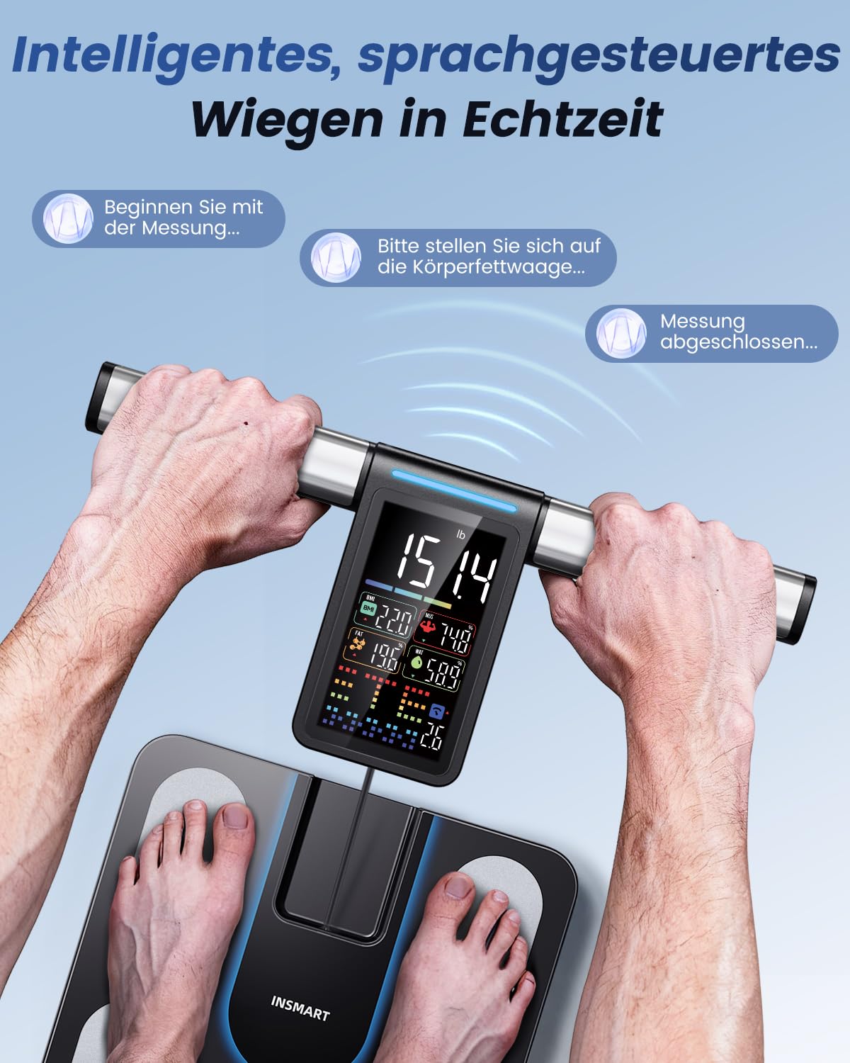 INSMART Körperfettwaage, 8 Elektroden, digitale Personenwaage, misst 56 Körperparameter, einschließlich BMI, Körperfett und Muskelmasse, VA-Farbdisplay und einziehbarer Griff, maximale Tragfähigkeit 227 kg – Bild 4