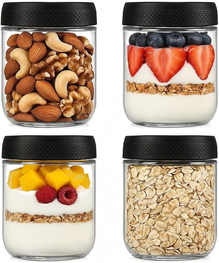 4 Stück Overnight Oats Gläser, Einmachgläser mit Schraubdeckel, luftdichte Meal Prep Gläser, Overnight Oats Gläser, luftdicht, für Overnight Oats, Müsli, Joghurt, Chia Pudding (480 ml)