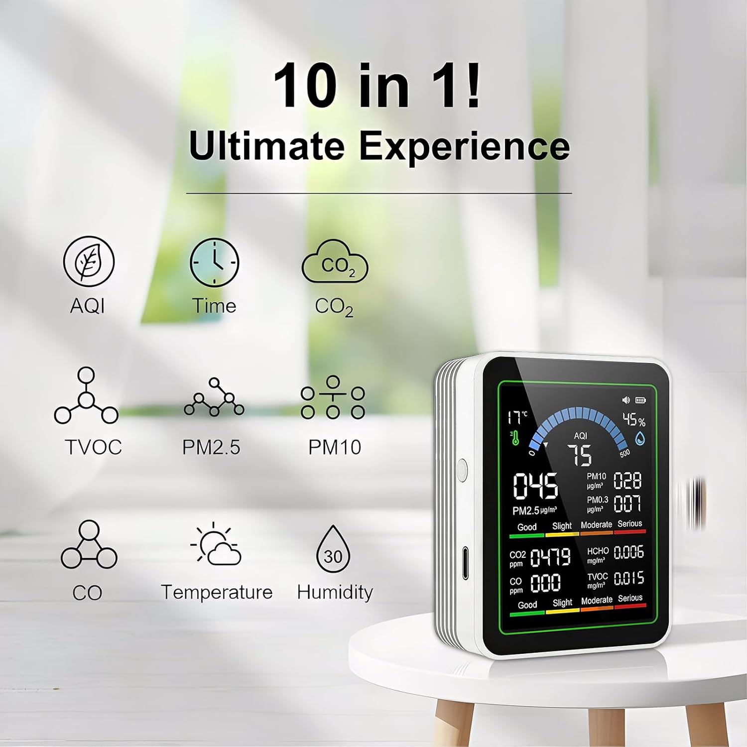 10-in-1 Luftqualitätsmonitor mit Farbdisplay und 4-Farben-Alarm,Messung von CO₂, PM1.0/PM2.5/PM10,HCHO,Temperatur & Luftfeuchtigkeit.Luftüberwachungsgerät mit Typ-C für Zuhause,Büro. (Weiß) – Bild 4