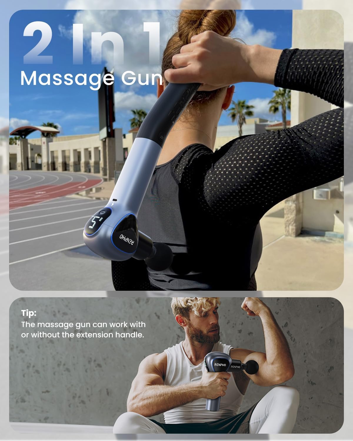 RENPHO Massagepistole, bestes Geschenk mit Verlängerungsgriff, Reach-Massagepistole, Massagegerät, Muskelmassage mit berührbarem LED-Bildschirm für Heimtraining und Entspannung, Grau – Bild 5
