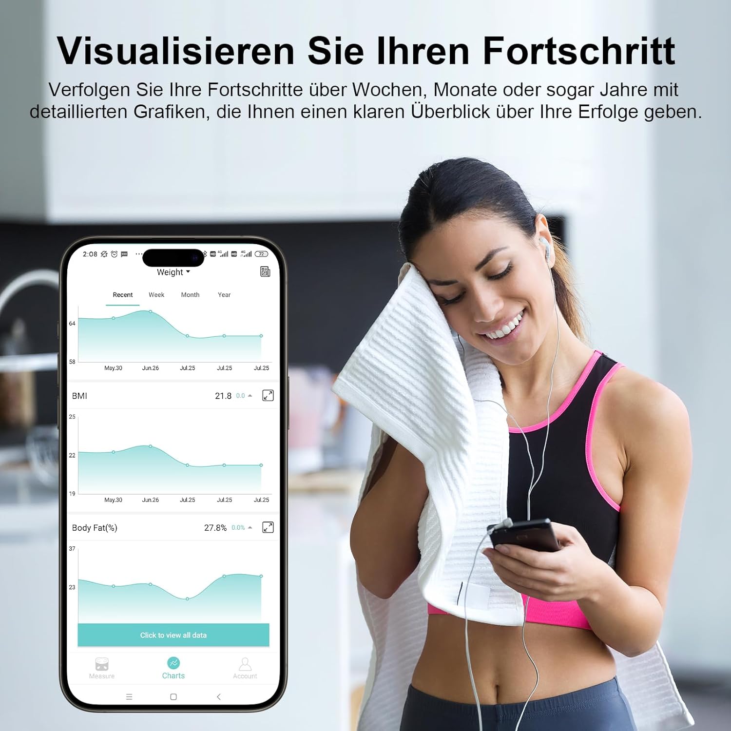 Intelligente digitale Bluetooth-Körperfettwaage mit 8 Elektroden, Ganzkörperanalyse mit App und Handsensoren, analysiert 18 Körperdatenindikatoren, BMI, Gewicht, Muskelmasse – Bild 5