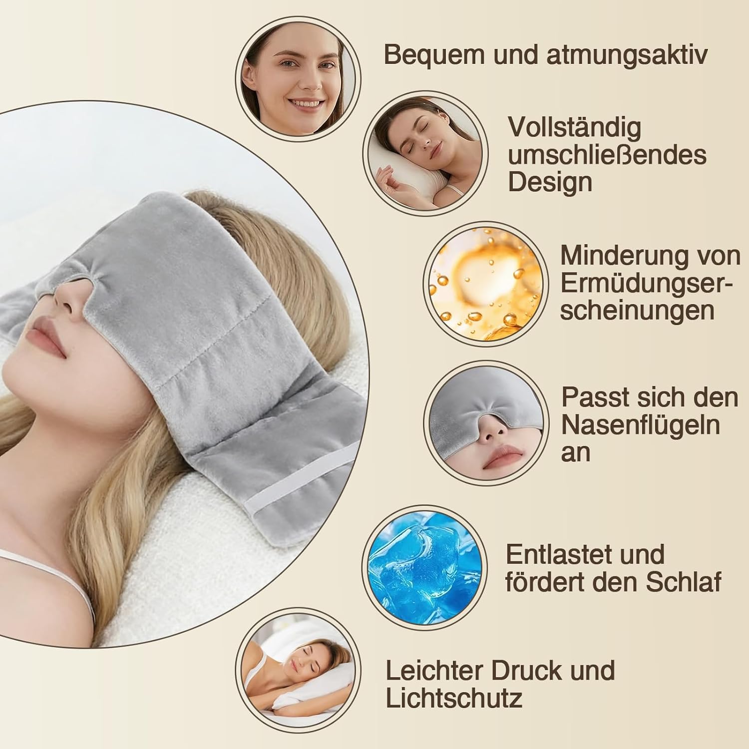 Gewichtete Schlafmaske, Gewichtete Augenmaske Blackout für Tiefenentspannung mit Ohrstöpseln und Aufbewahrungsbeutel, Reise Schlafmaske für Nachtruhe, Gegen Angst Schlaflosigkeit, Grau – Bild 3