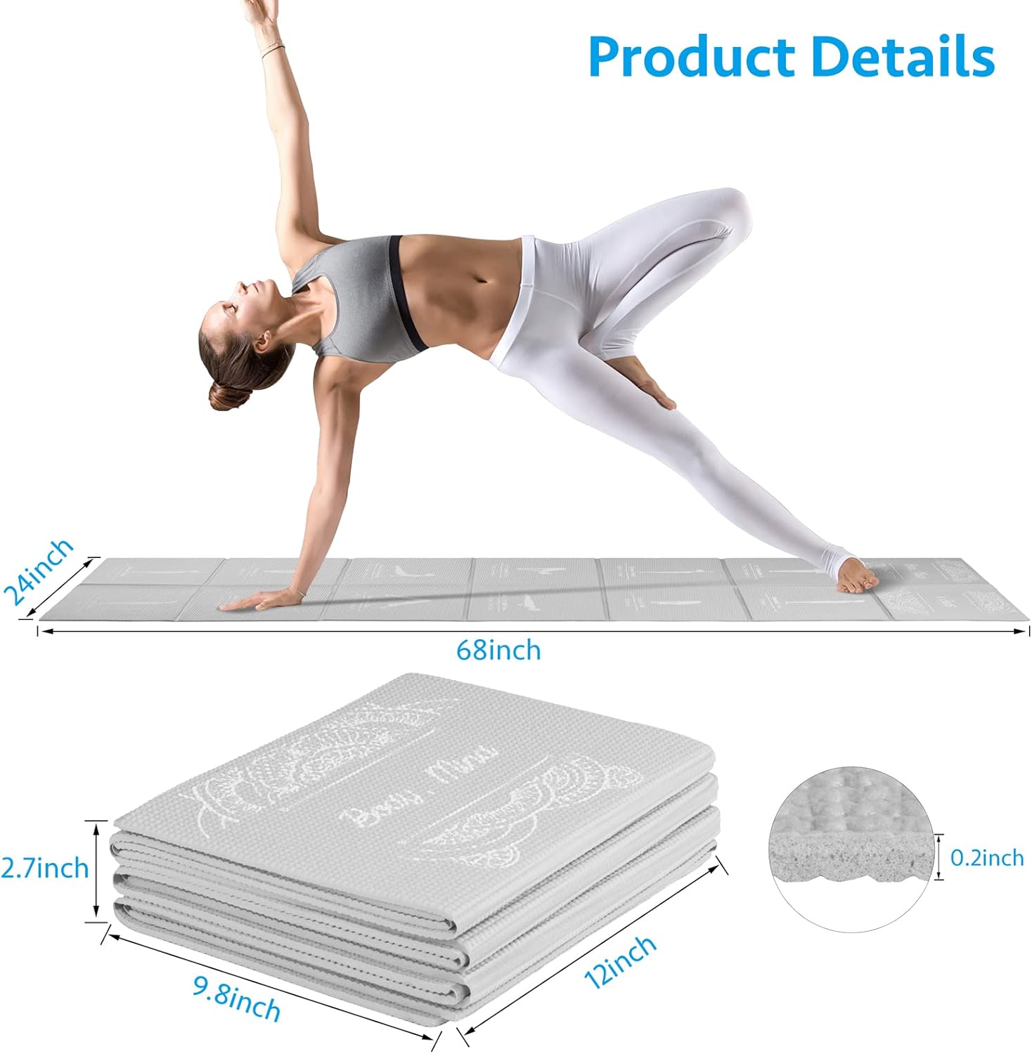 Faltbare Yogamatte für Frauen, rutschfeste Trainingsmatte für das Fitnessstudio zu Hause, Reise-Yoga-Set mit Stretchgurt für Yoga, Pilates und Fitness, 173 x 61 cm x 5 mm dick – Bild 2