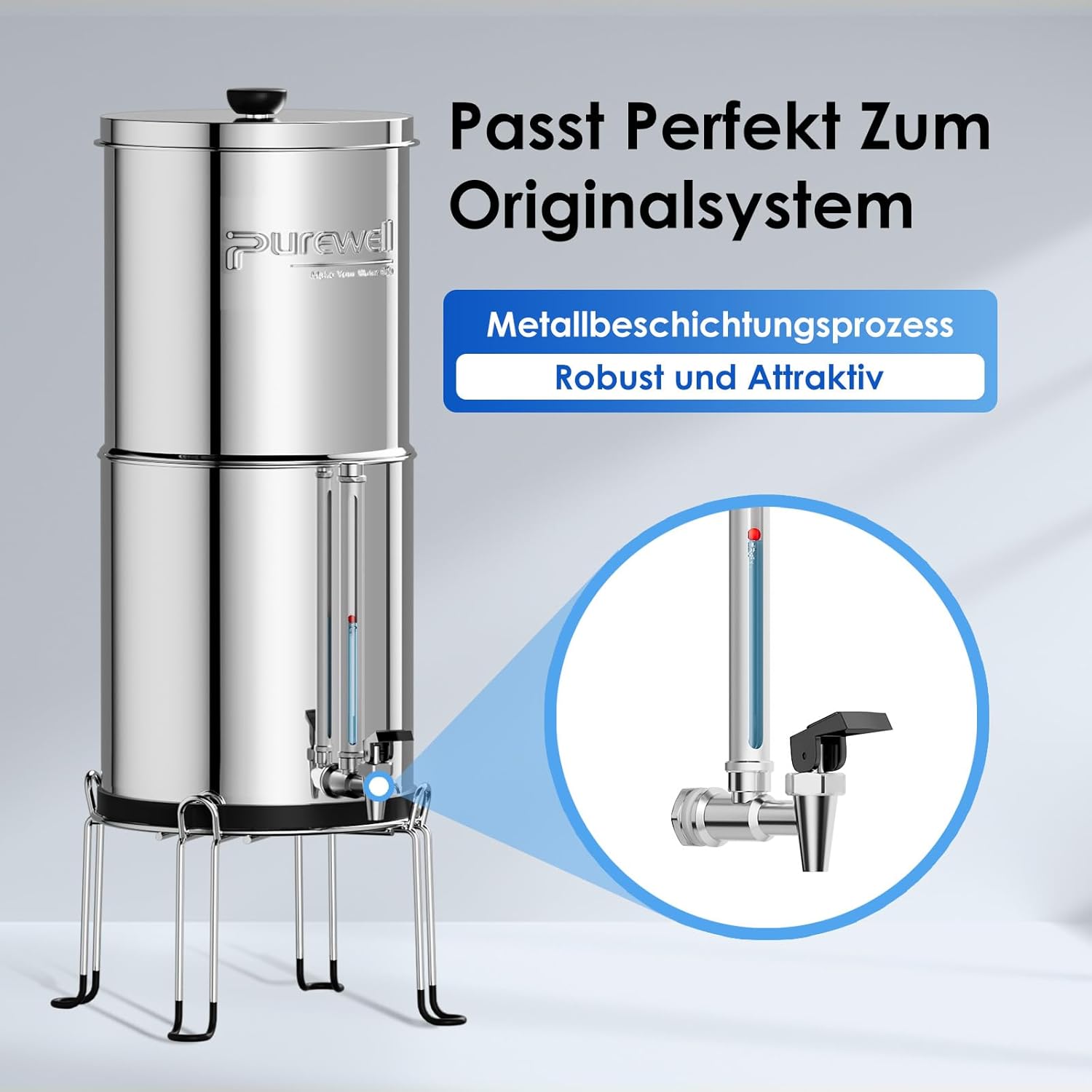 Purewell Schwerkraft-Wasserfilter 8,5 l – Edelstahlbehälter mit 4 Filtern (Aktivkohle/Fluorid) mit transparentem Wasserhahn – entfernt 99 % Fluorid, Chlor und Metalle – stromlos – Bild 6