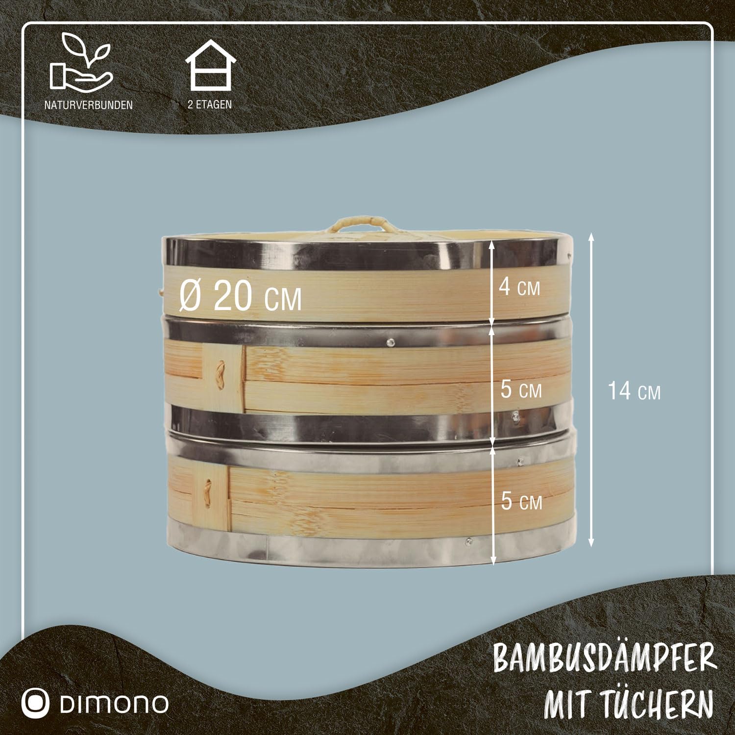 Dimono Bambusdampfgarer mit Edelstahl, 2 Etagen Bambusdampfgarer mit Deckel, Dampfgaraufsatz und Dampfgarkorb für Sim Sum Knödel, Gemüse, Reis, Fleisch und Fisch (Durchmesser 20 cm) – Bild 8
