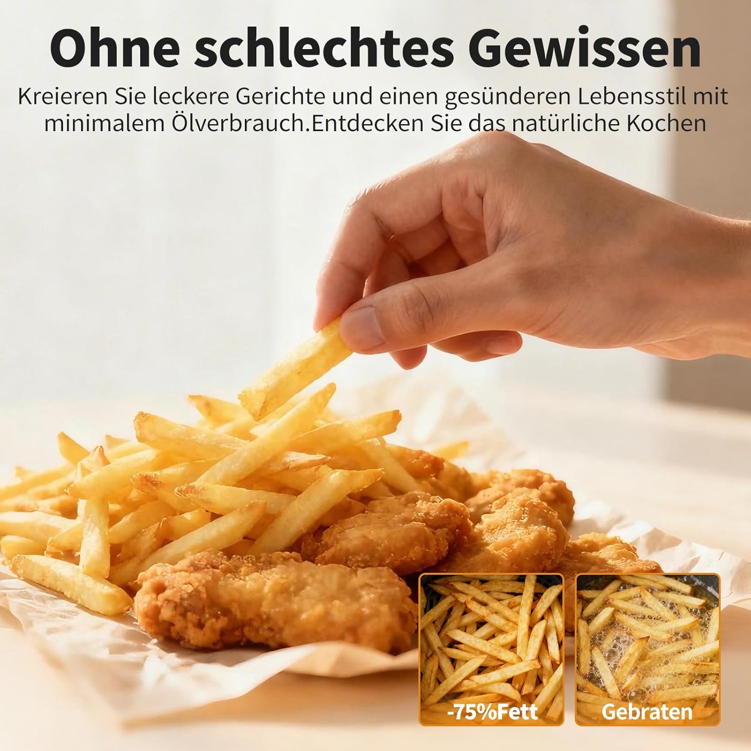 Airfryer 4L, Heißluftfritteuse mit Sichtfenster, ölfreie Fritteuse mit Schüttelerinnerung, Antihaftbeschichtung, 30–200 °C, 78 Rezepte, 8-in-1-Kocheinstellungen, leise Heißluftfritteuse – Bild 7