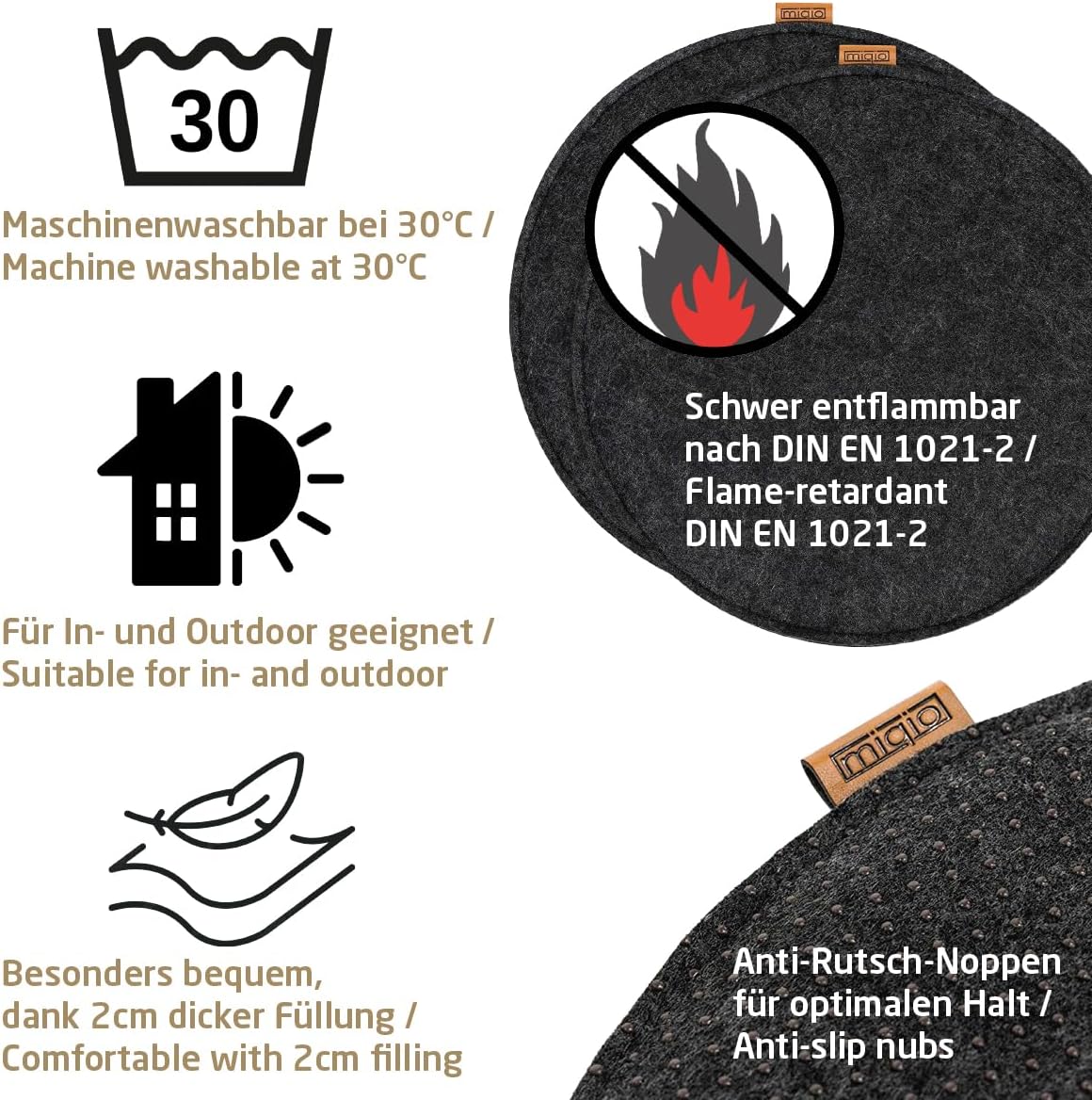 Miqio Design Filz-Sitzkissen XL rund mit Anti-Rutsch-Noppen 40 cm, 2er-Set, für drinnen und draußen, nachhaltig, aus recycelten PET-Flaschen, waschbar, Stuhlkissen, rutschfest, dunkelgrau – Bild 6