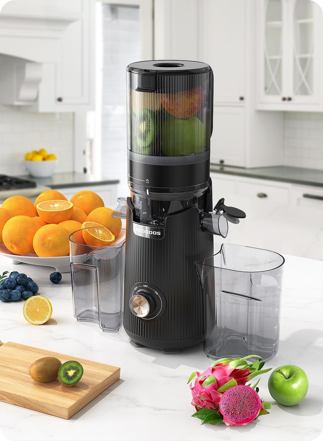 ACOQOOS Entsafter, Entsafter für ganzes Gemüse und Obst, 135 mm Breite und größeres Einfüllrohr, 1,8 l Fassungsvermögen, leicht zu reinigender Slow Juicer mit 2 Gläsern, elektrischer Entsafter, schwarz – Bild 6