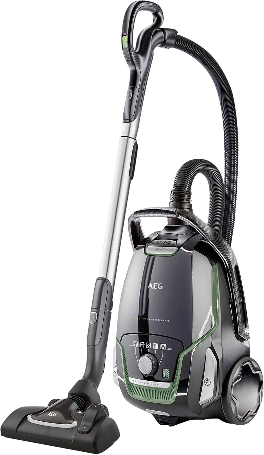 AEG VX9-2-ÖKO Staubsauger mit Beutel, 70 % recyceltes Material, inkl. Zusatzdüsen, 12 m, 700 Watt, nur 65 dB(A), 5 l Staubbeutelvolumen, waschbarer Filter, neue technische Ausführung, schwarz, grün.