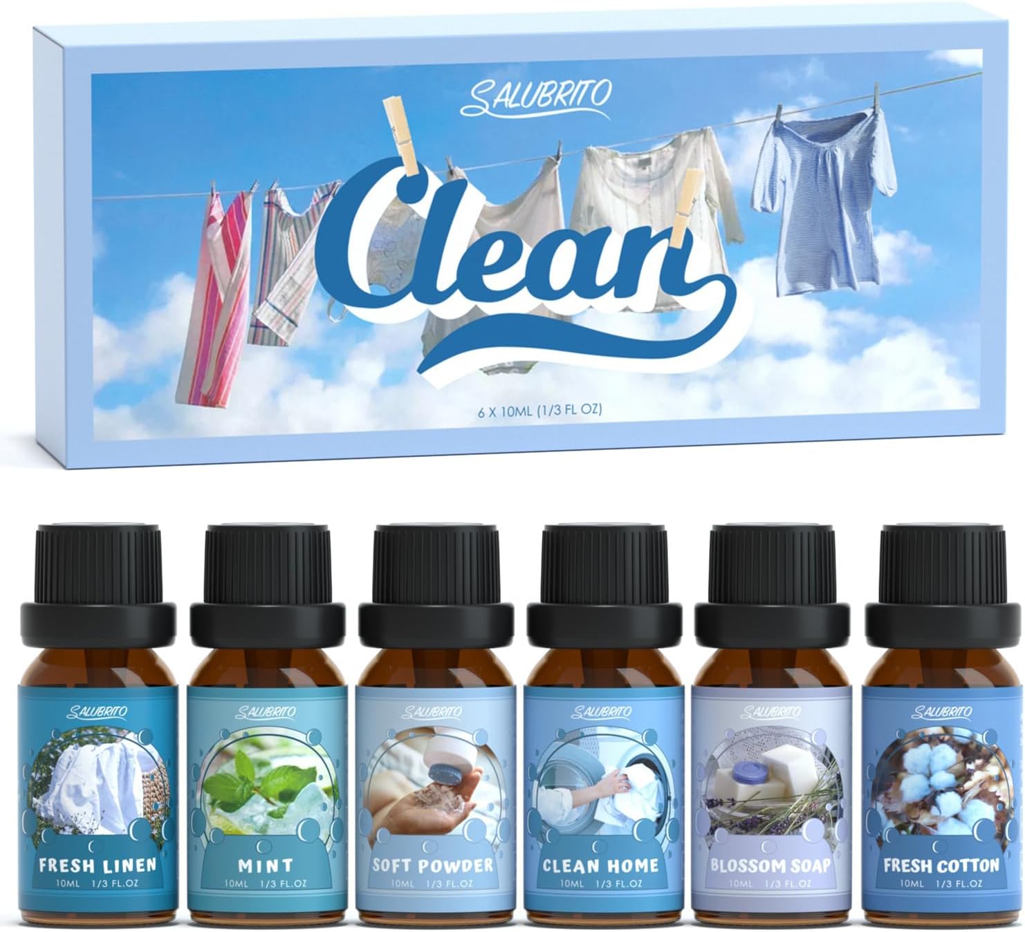 SALUBRITO Clean Essential Oils Set, natürliches, reines Aromatherapie-Duftöl für Diffusor, Kerzenherstellung, saubere Baumwolle, frische Bettwäsche, sauberes Zuhause, Pulver, Blumenseife, Minze