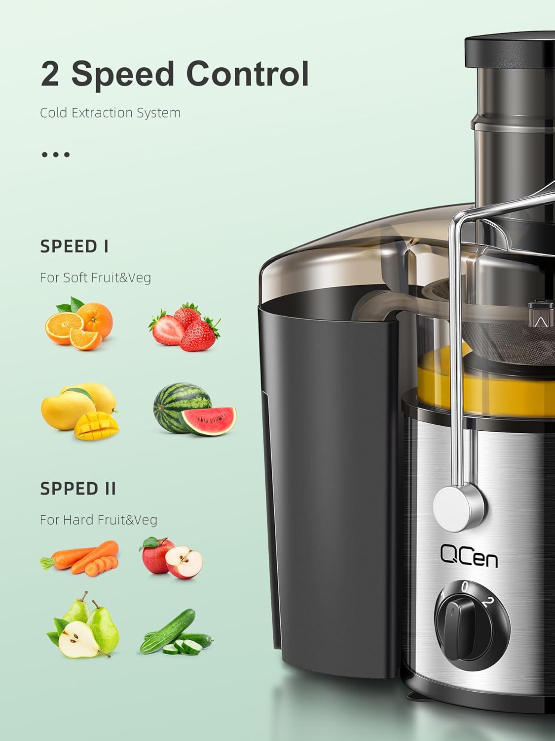 QCen Entsafter, Zentrifugal-Entsafter mit 3-Zoll-Einfüllkanal, leicht zu reinigen, Edelstahl, BPA-frei, ideal für Obst und Gemüse (transparent, 500 W) – Bild 3