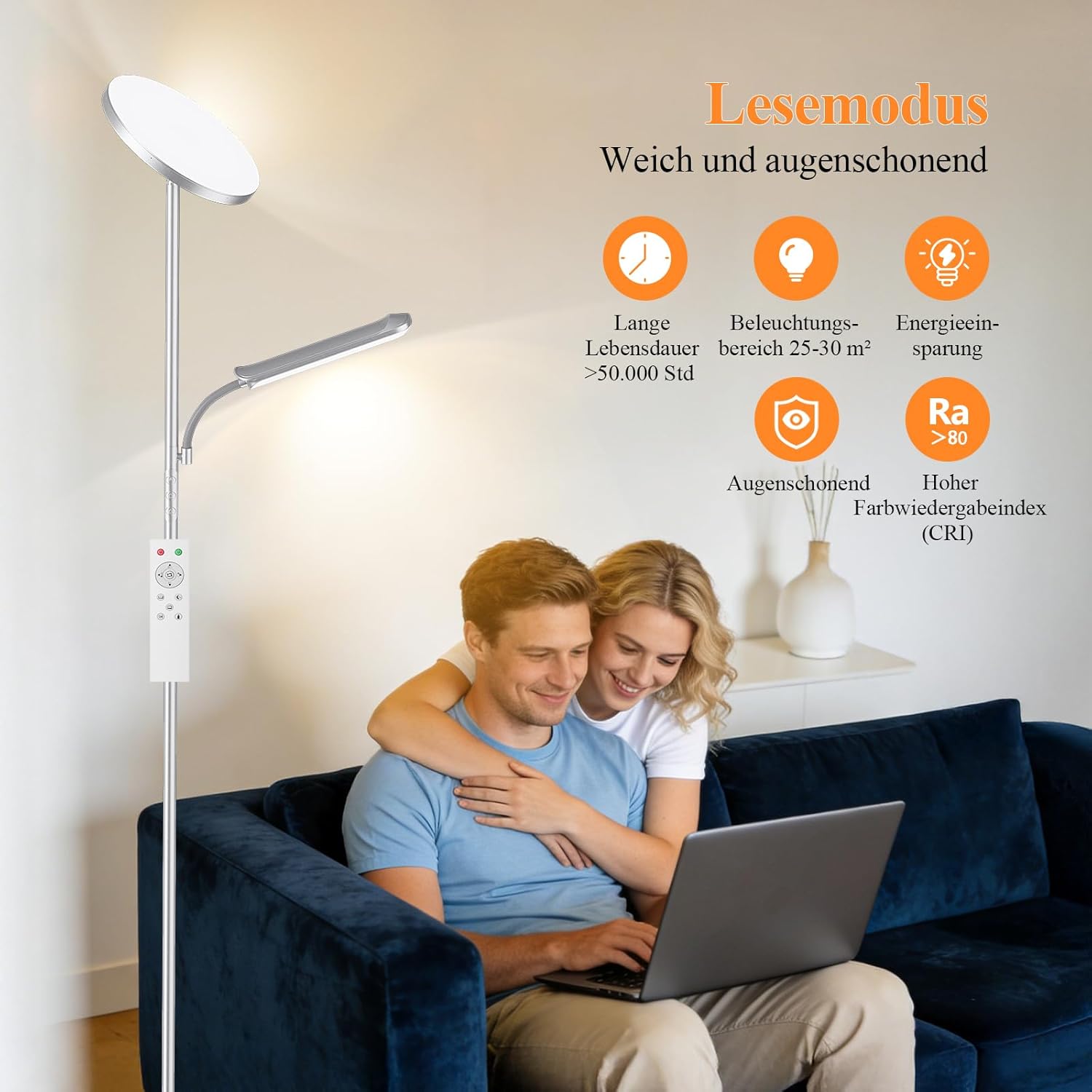 Wohnzimmer-Stehlampe, 42 W Deckenfluter mit Leselampe, 4200 LM LED-Stehlampe, dimmbar mit 2700 K-6500 K Farbtemperatur, moderne Stehlampe mit Fernbedienung und Touch-Steuerung – Bild 4