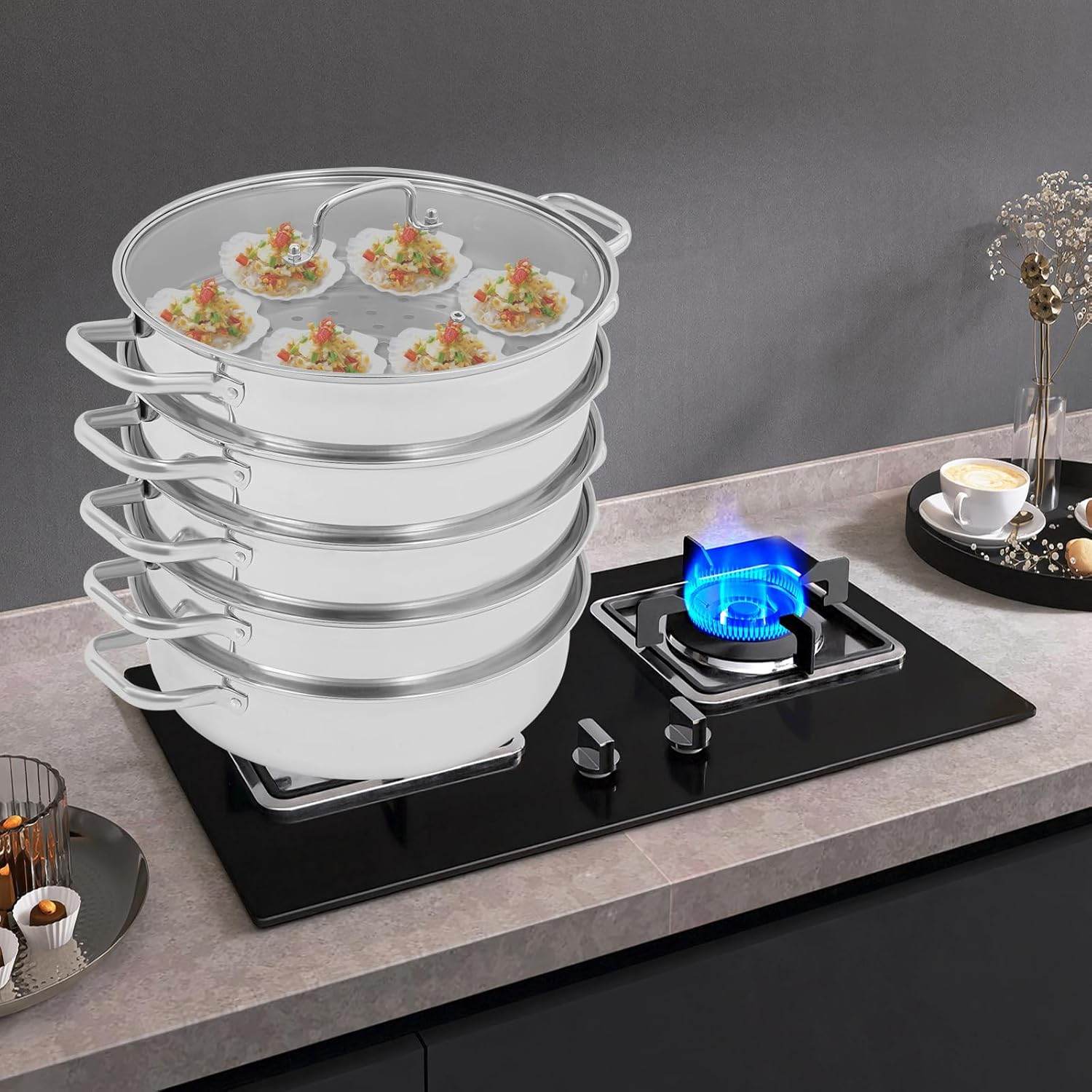 5-lagiger Dampfgarer aus Edelstahl mit Glasabdeckung, 32 cm Dampfgarer, Dampfgarer, Schongarer, Induktionskochtopf zum gleichzeitigen Dämpfen von Suppe, Nudeln, Fisch, geeignet für die Küche aller Herdarten – Bild 8