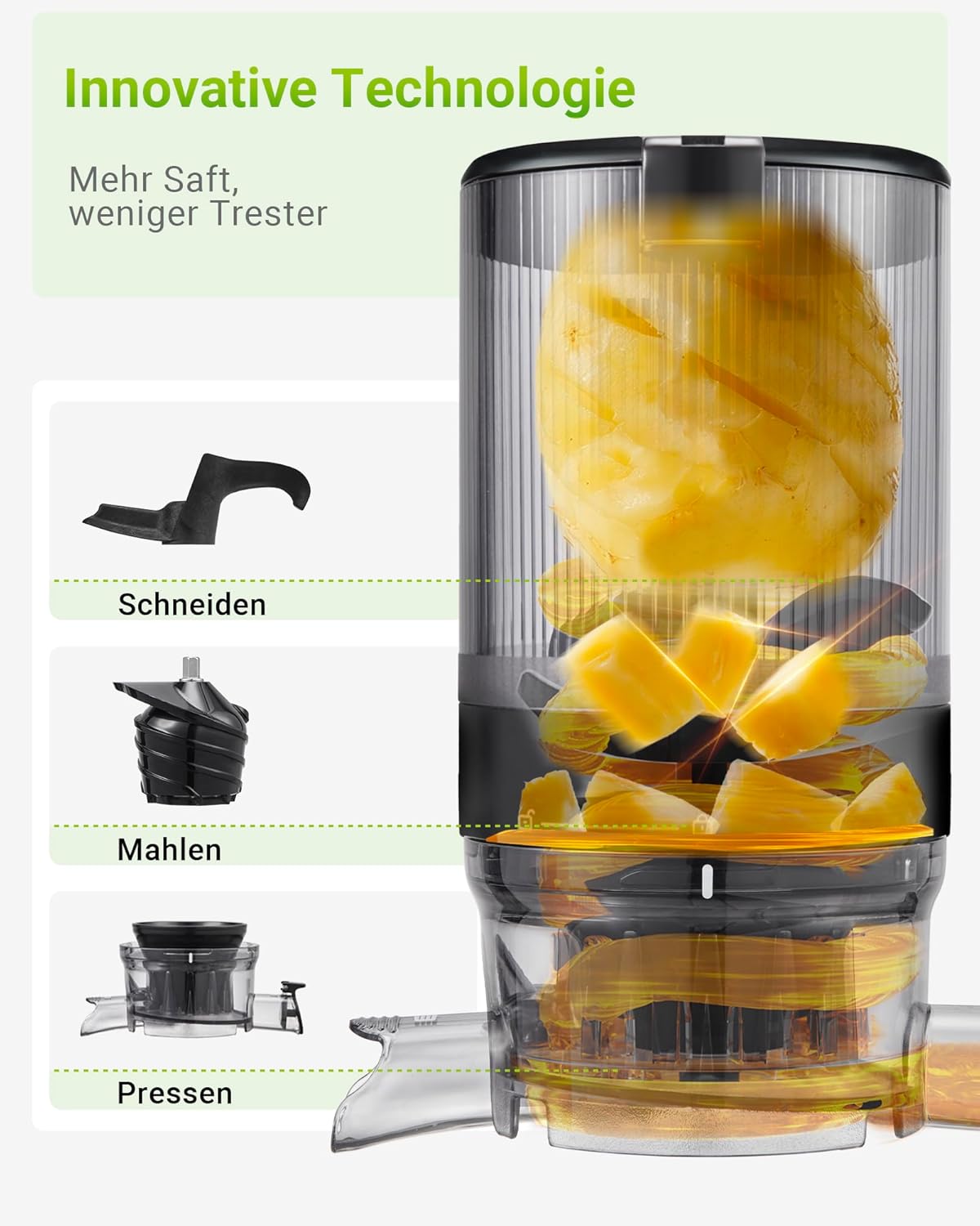 TUUMIIST Slow Juicer mit 135 mm extra großem Einfüllschacht, Entsafter Gemüse und Obst, Testsieger, anwendbar für ganzes Obst und Gemüse, leicht zu reinigen, hohe Saftausbeute, schwarz glänzend – Bild 4