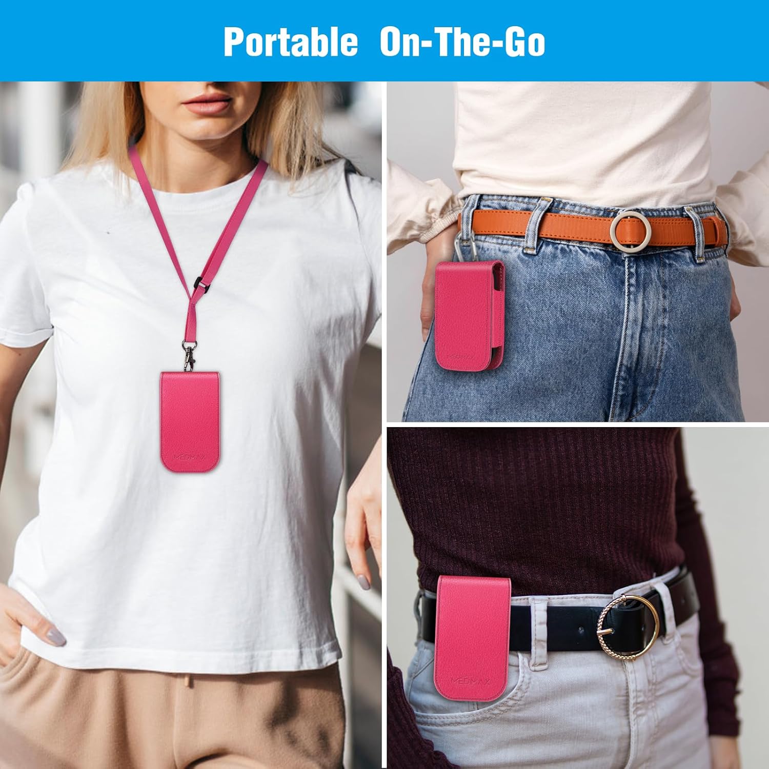 MEDMAX Hülle für Freestyle Libre 3/2 / Libre Reader Blutzuckermessgerät, Tasche mit Nackenhalter zum Umhängen, Kunstleder Schutzhülle mit Karabinerhaken für Diabetiker, (Rose Red) – Bild 6
