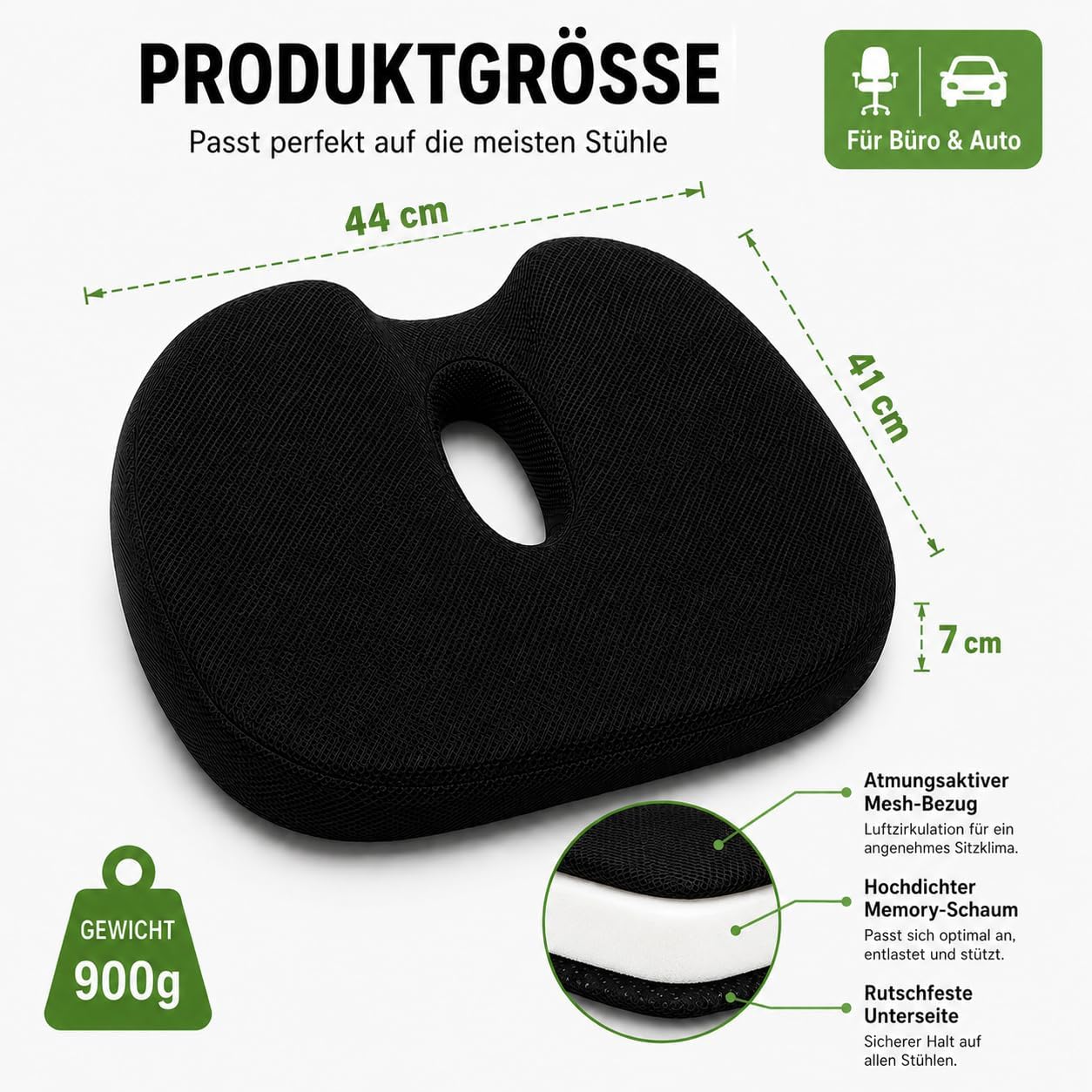 Sitzkissen, ergonomisches orthopädisches Memory-Schaum-Stuhlkissen mit U-förmiger Steißbeinentlastung, druckentlastend für Bürostuhl, Auto, Rollstuhl, Zuhause, rutschfest, waschbar, Schwarz – Bild 2
